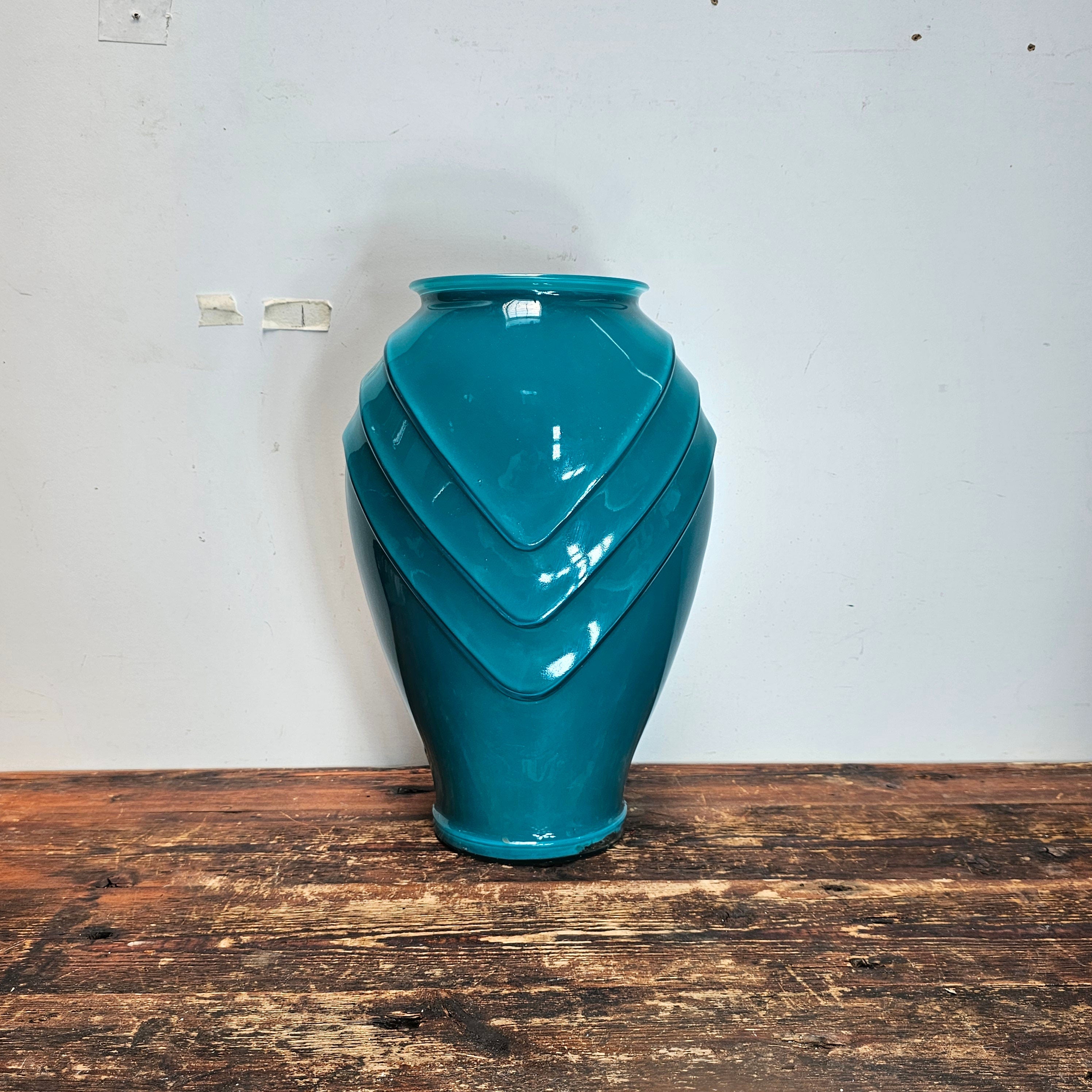 Large Art Deco Jade Color Scalloped Glass Flower Vase 11" x 8" x 16"H