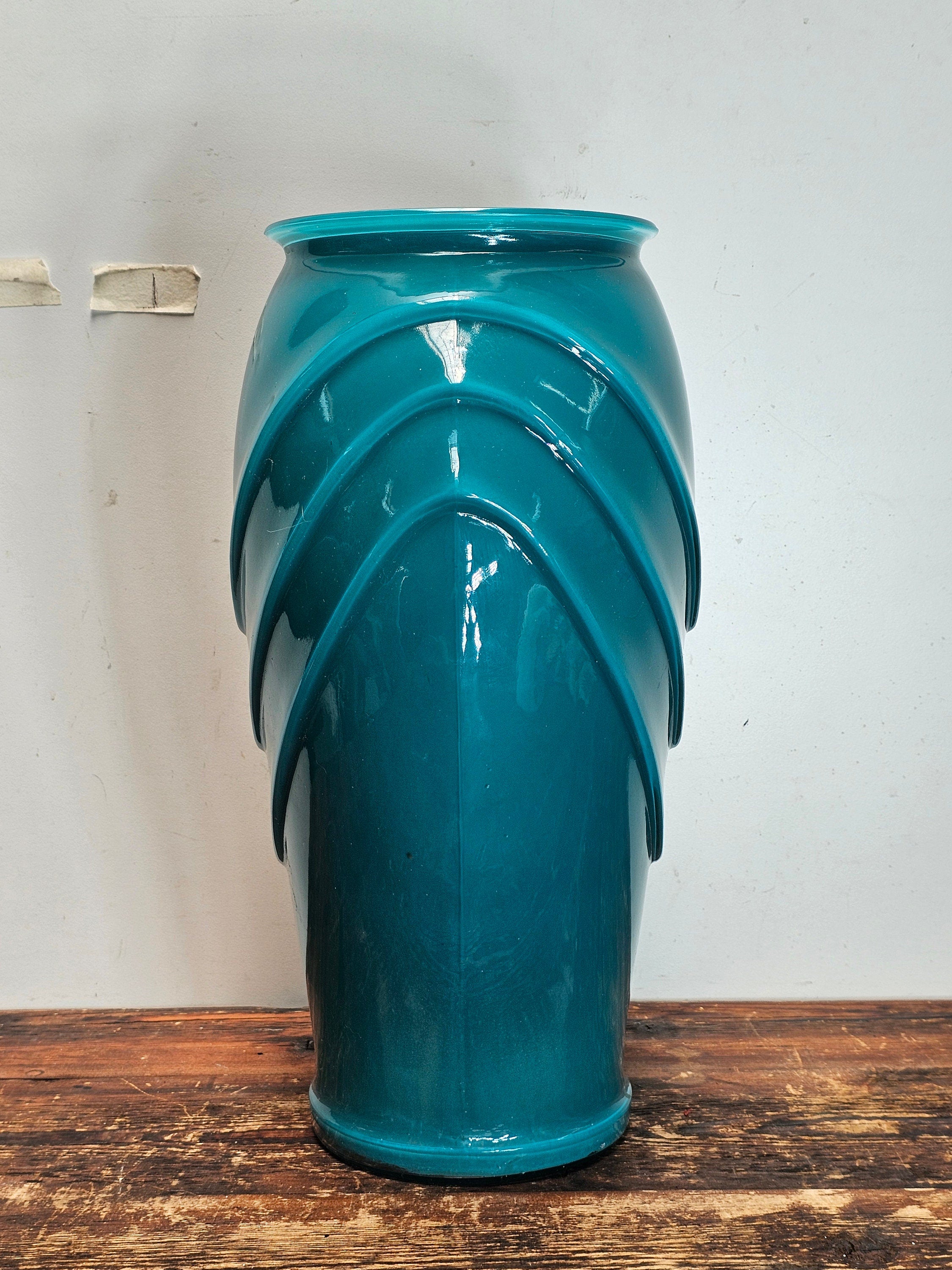 Large Art Deco Jade Color Scalloped Glass Flower Vase 11" x 8" x 16"H