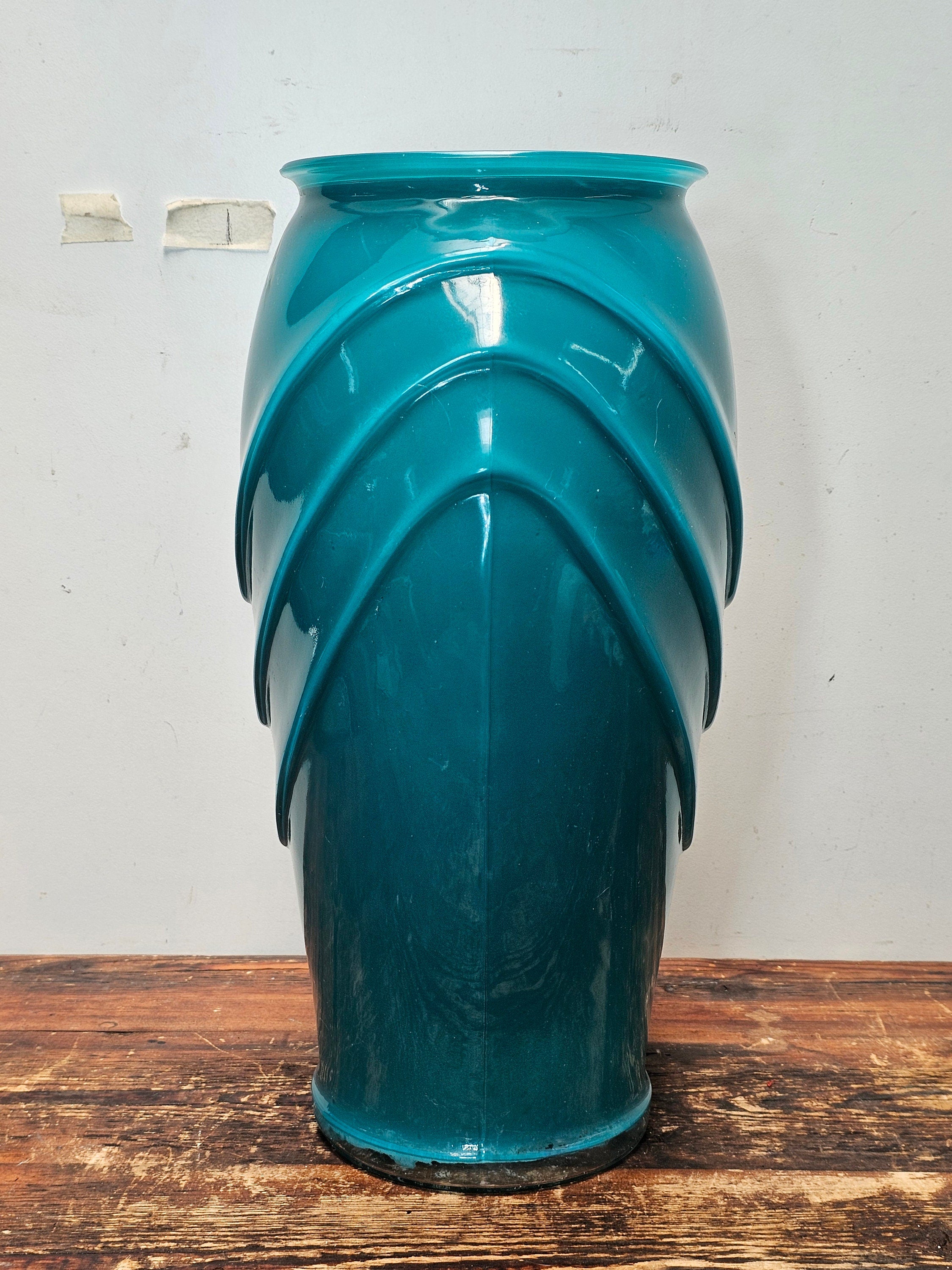 Large Art Deco Jade Color Scalloped Glass Flower Vase 11" x 8" x 16"H