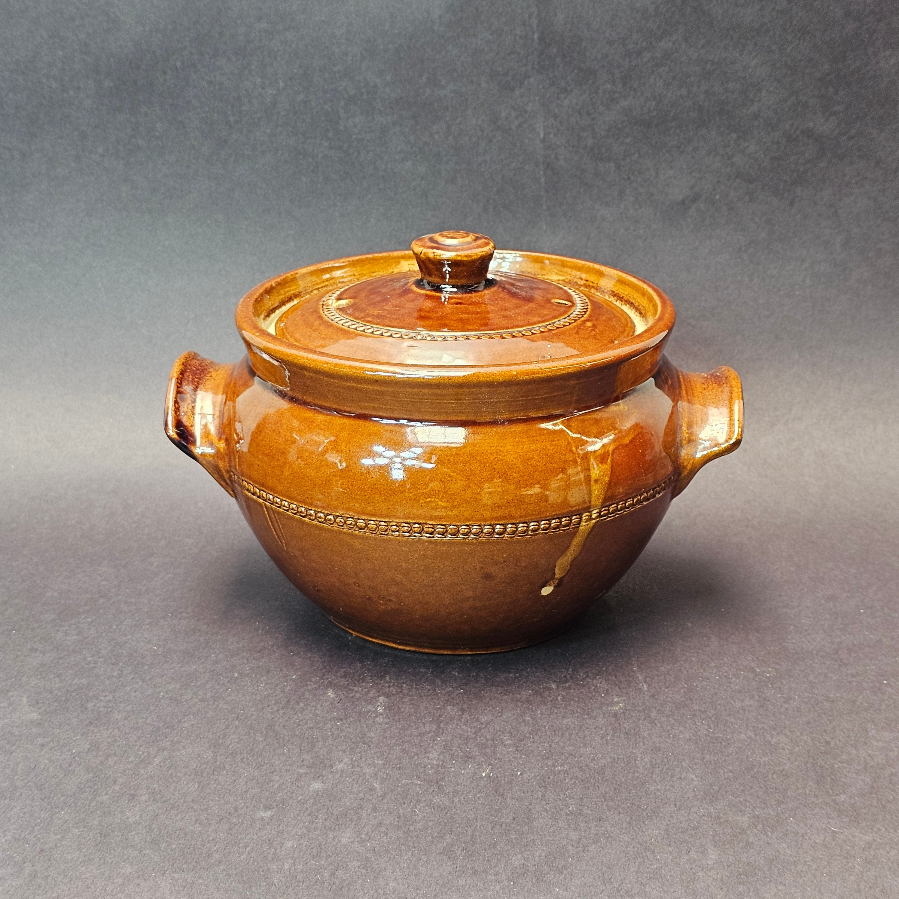 Vintage Pearsons Of Chesterfield Crock Bean Oven Pot Covered Lid Handles Brown