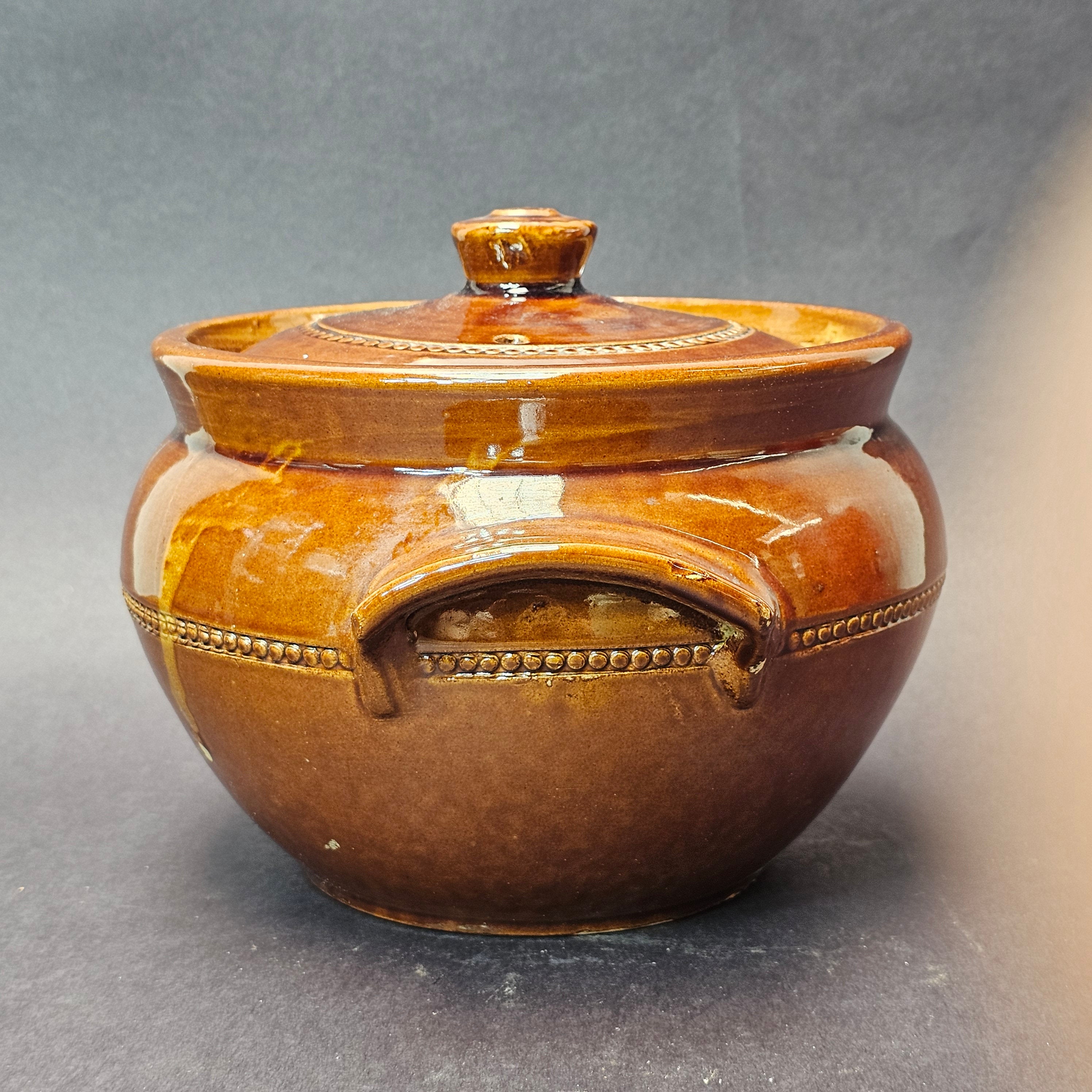 Vintage Pearsons Of Chesterfield Crock Bean Oven Pot Covered Lid Handles Brown