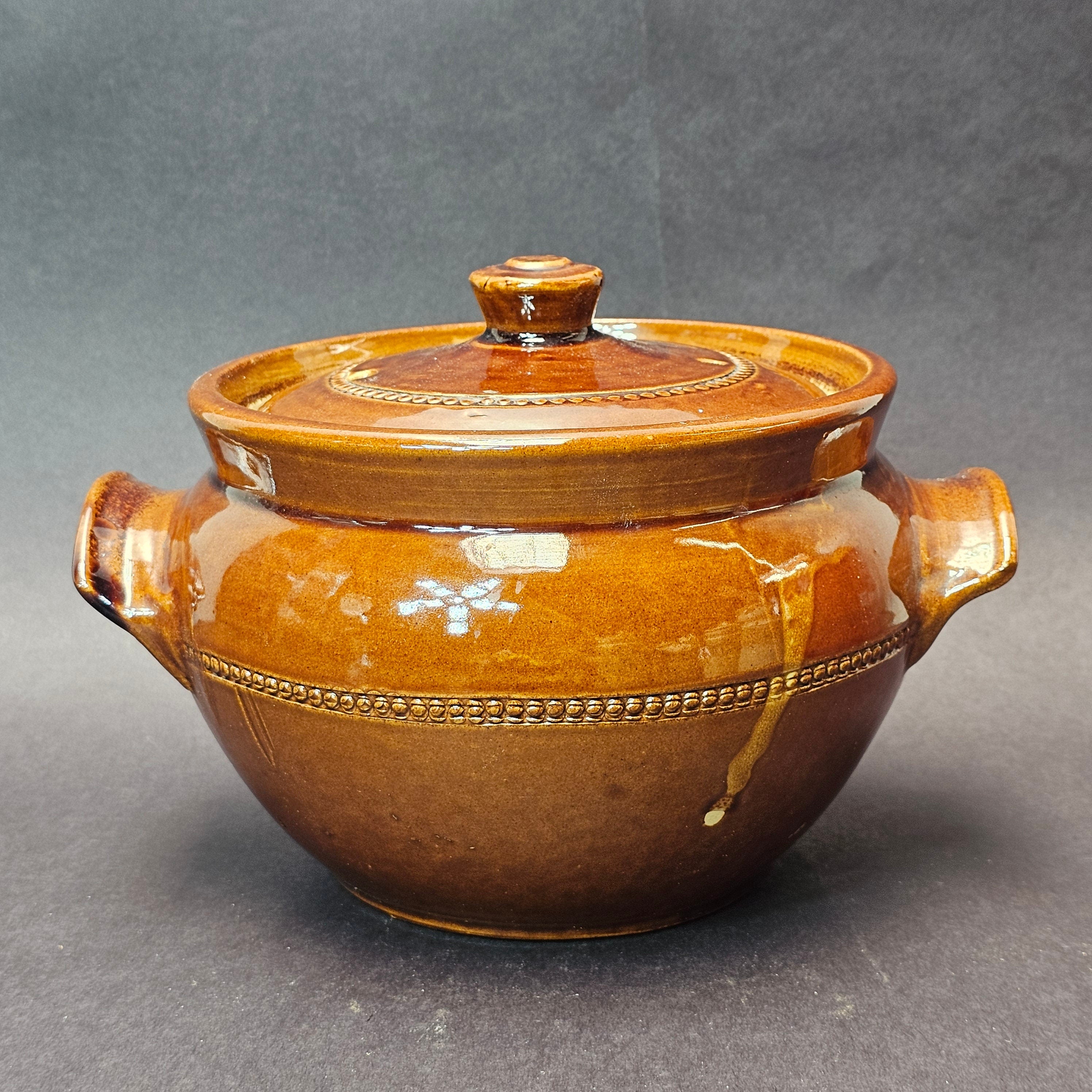 Vintage Pearsons Of Chesterfield Crock Bean Oven Pot Covered Lid Handles Brown