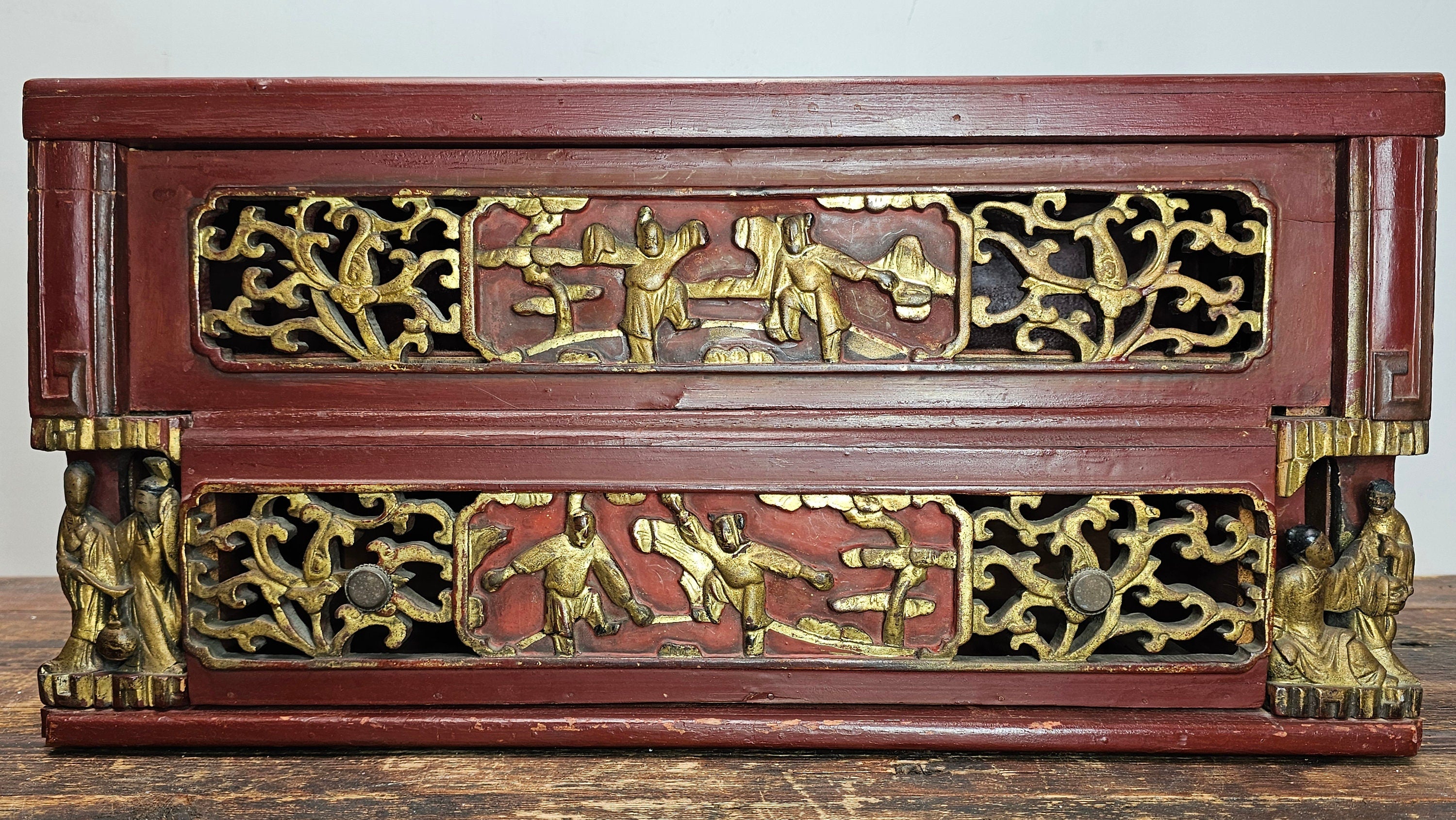 Antique Chinese Red & Gilt Carved Wood Chest Box