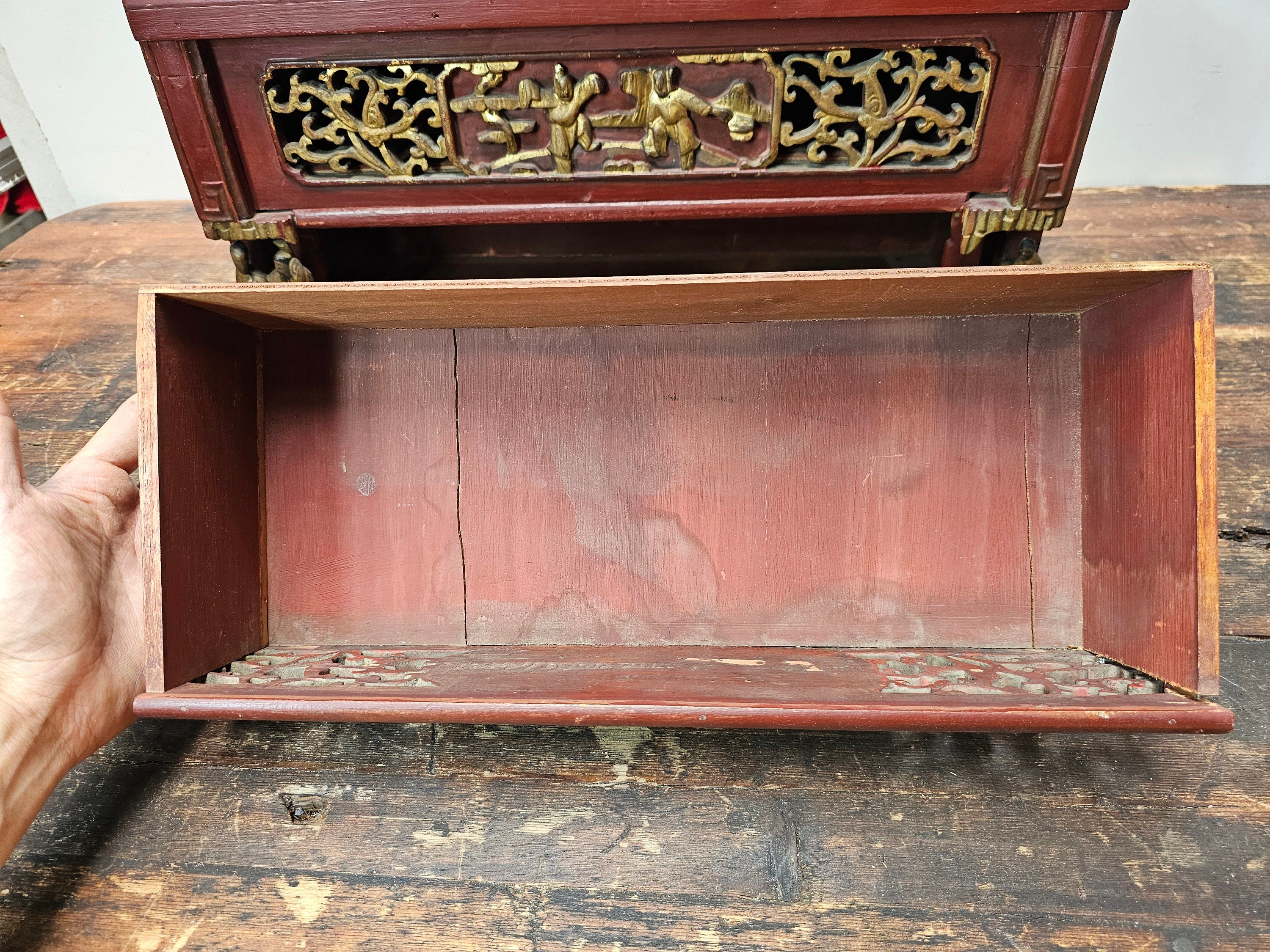 Antique Chinese Red & Gilt Carved Wood Chest Box