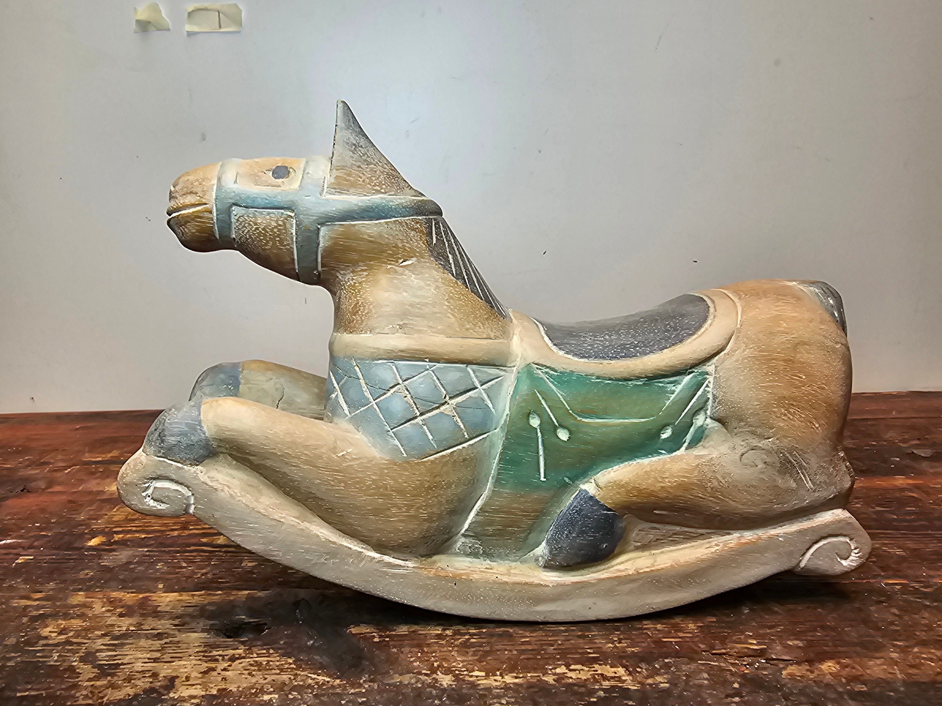 Vintage Asian Hand Carved and Painted Rocking Horse 13"L x 4"W x 9"H
