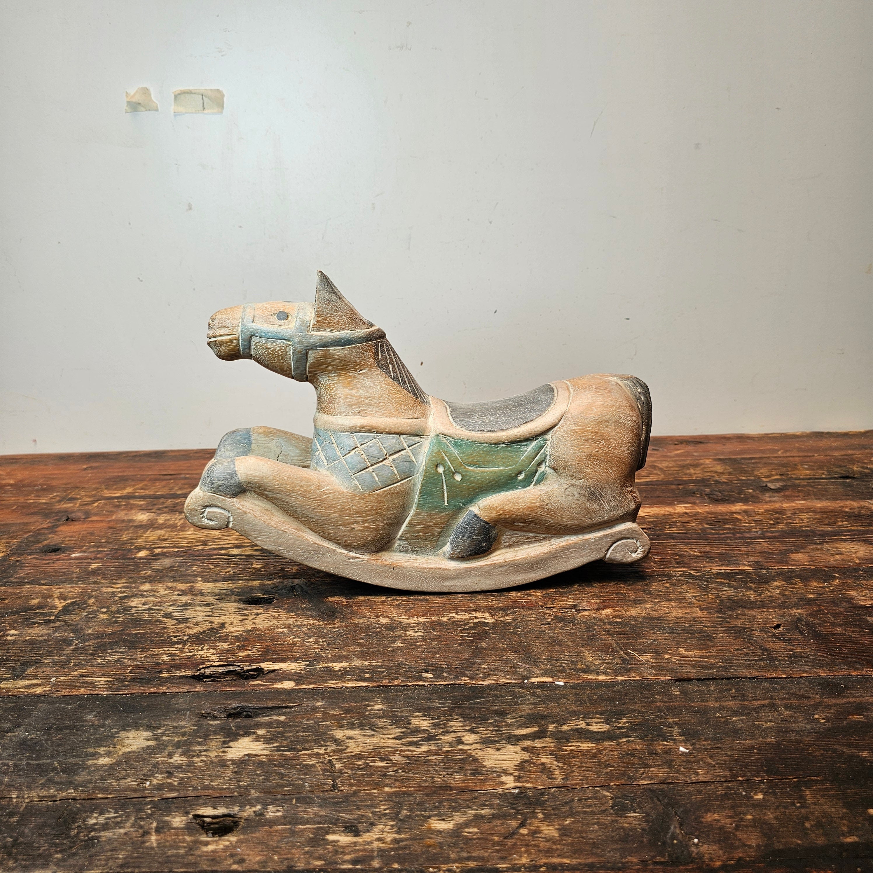 Vintage Asian Hand Carved and Painted Rocking Horse 13"L x 4"W x 9"H