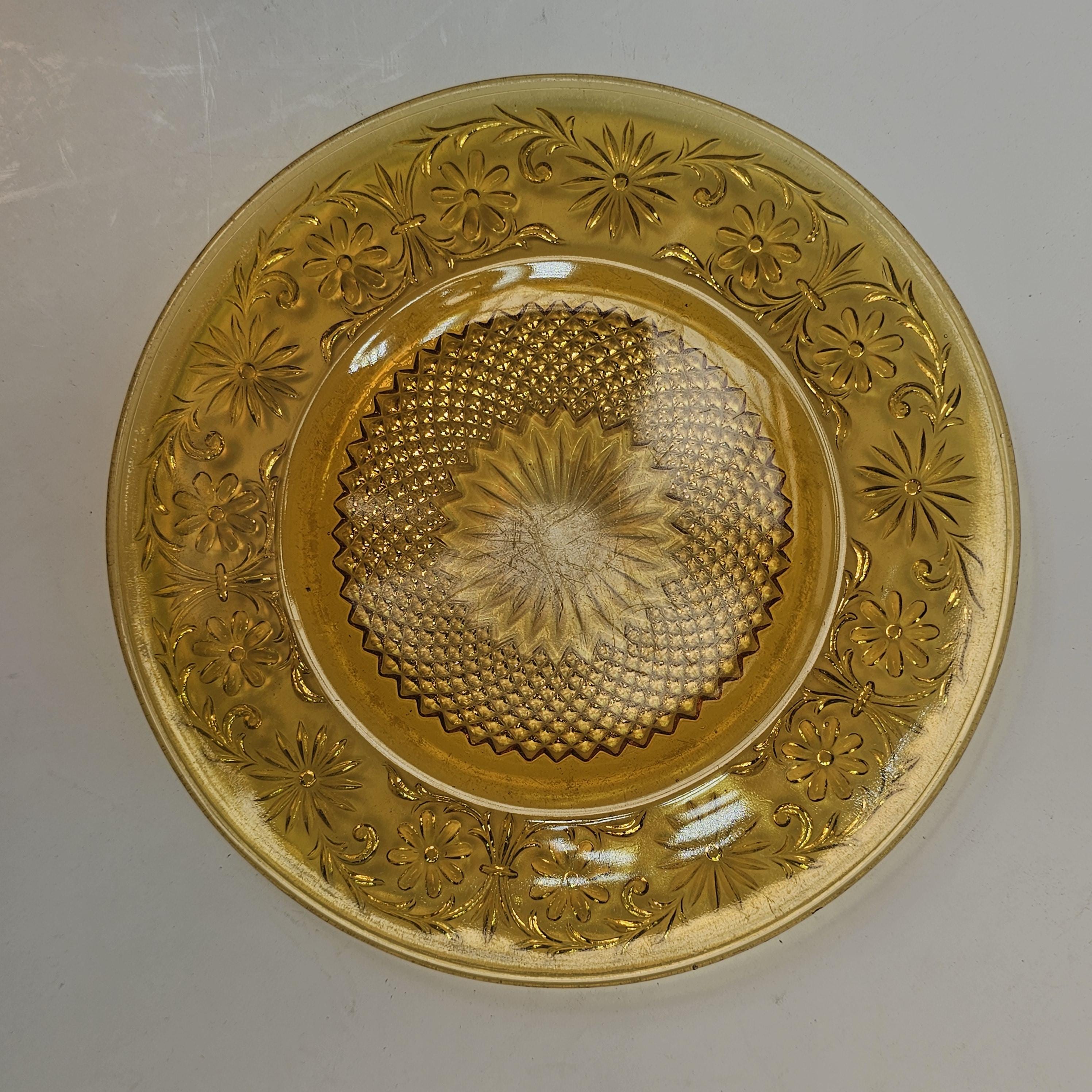 Set of 5 Vintage Indiana Daisy Amber Depression Glass Plates & Soup Bowls Set