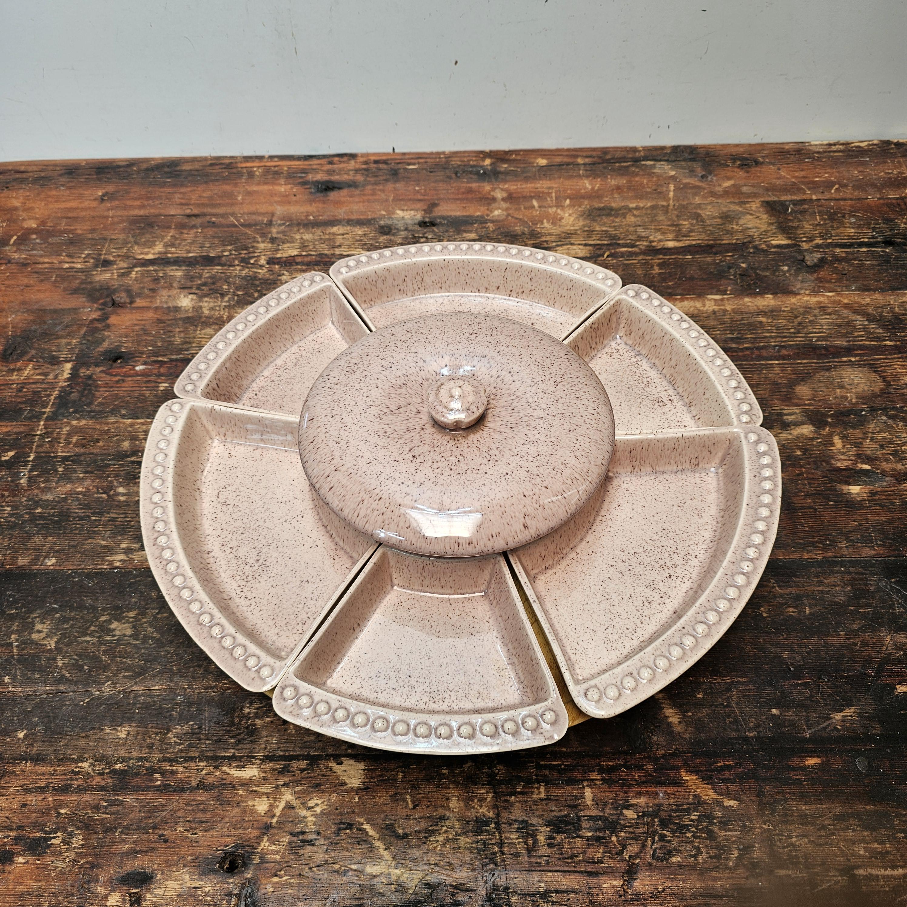 William Frazier California Pottery Covered Dish Relish Tray With Lazy Susan 70's