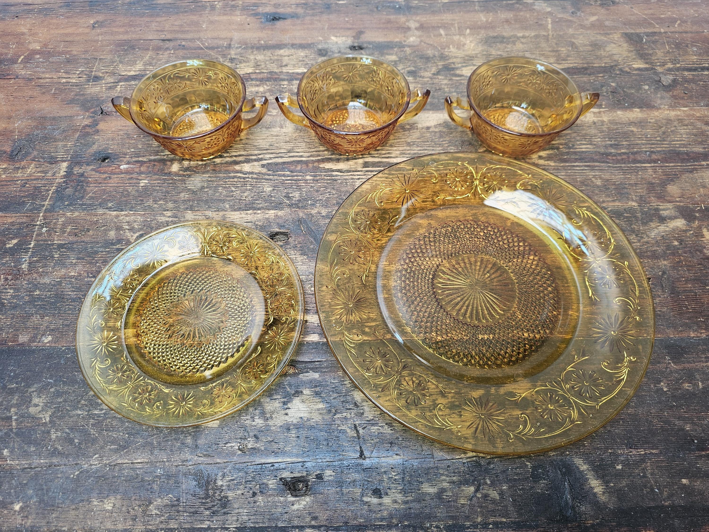 Set of 5 Vintage Indiana Daisy Amber Depression Glass Plates & Soup Bowls Set