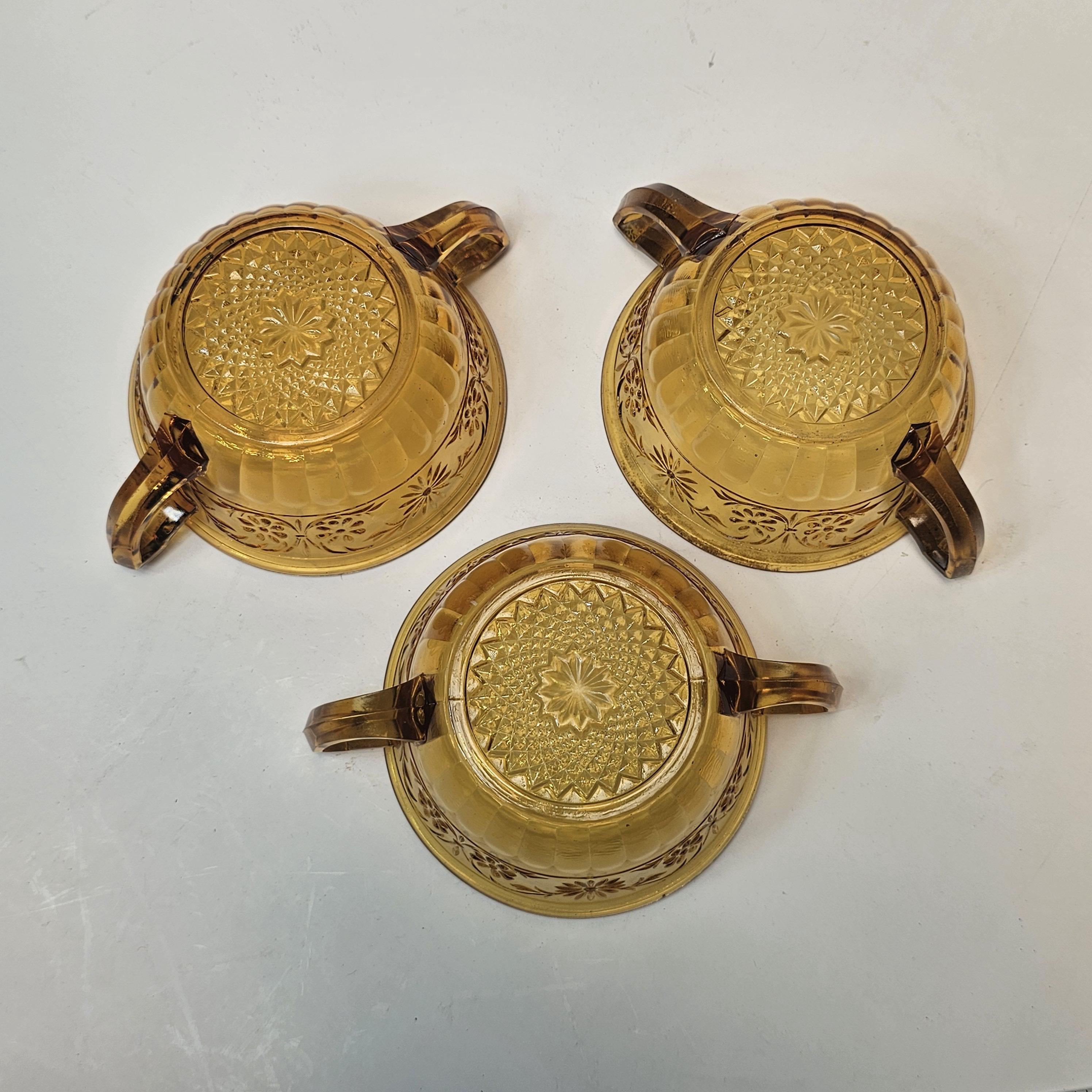 Set of 5 Vintage Indiana Daisy Amber Depression Glass Plates & Soup Bowls Set