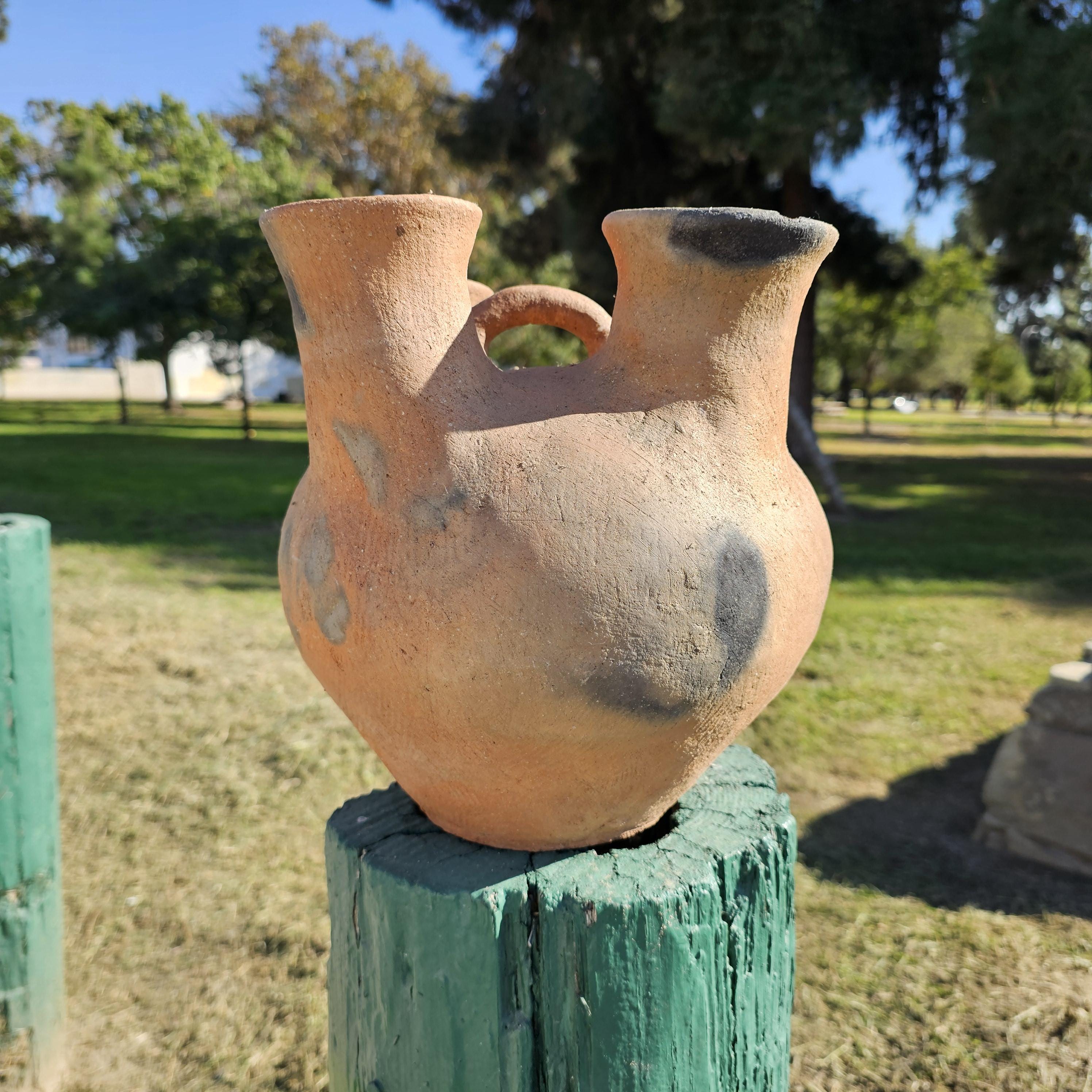 Rustic 4 Mouth Mexican Vessel Terracotta Natural Clay Native Mexican Folk Art