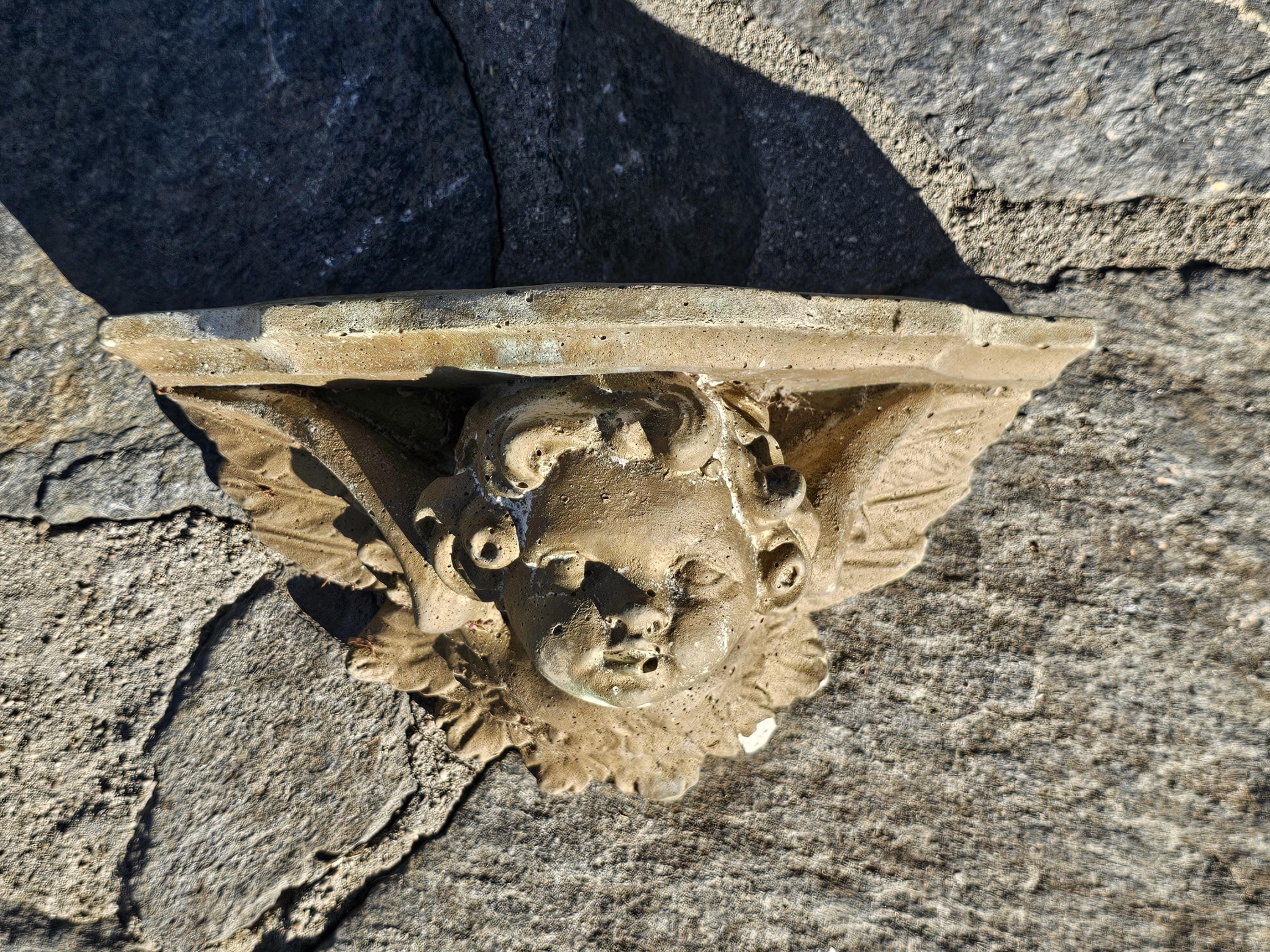 Vintage Cement Eros Cupid Angel Cherub Sconce Wall Bracket Sculpture