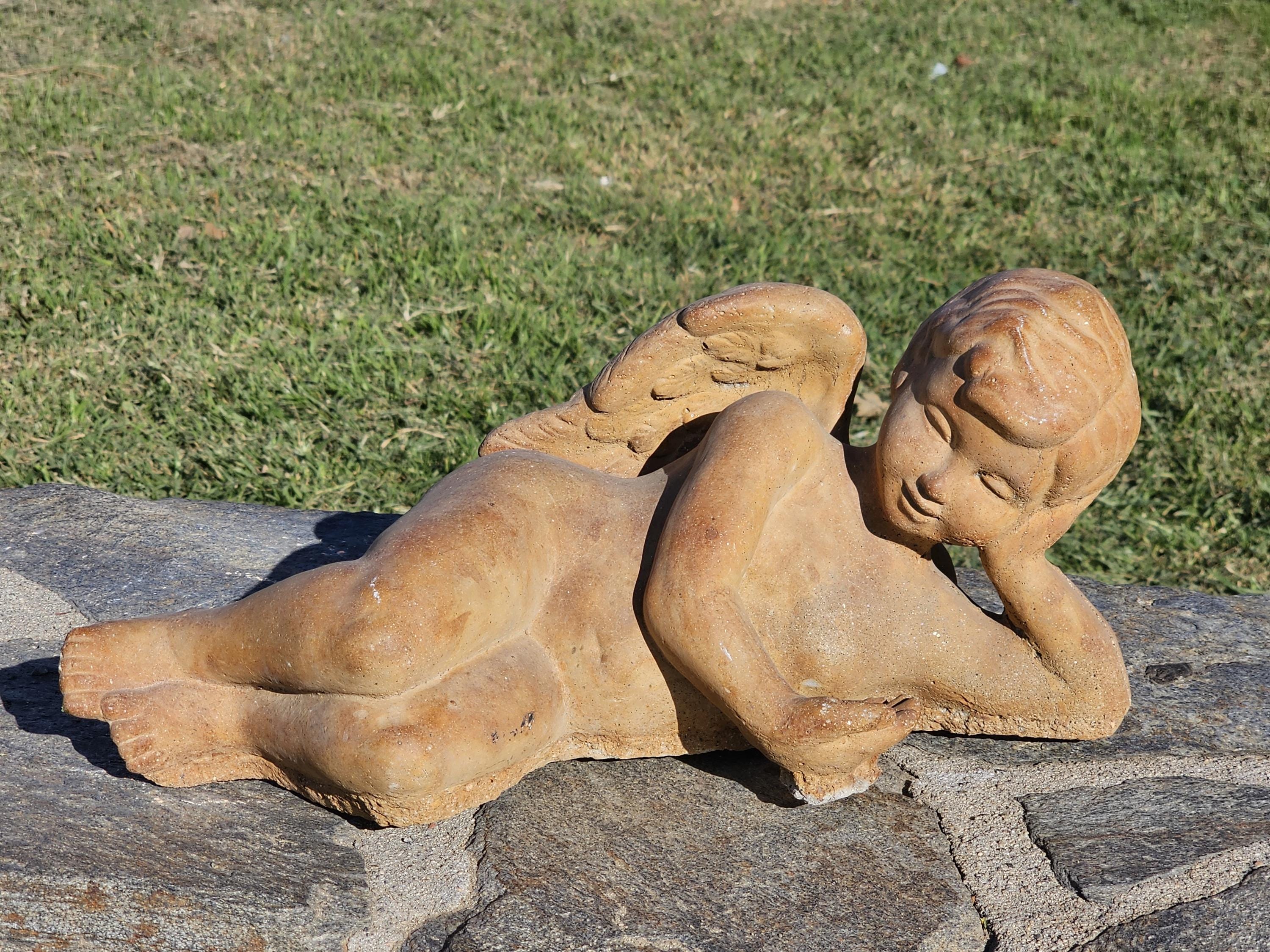 Cement Reclining Cherub Angel Garden Statue Weathered 17"L x 7.5"D x 7.5"H
