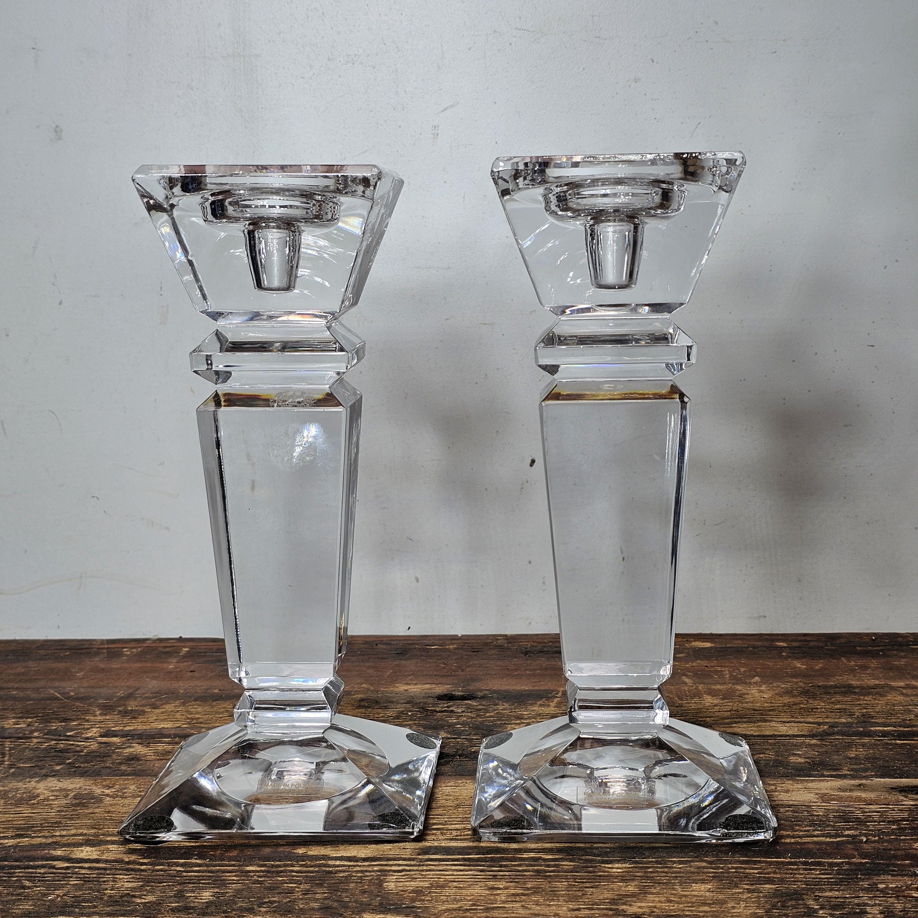 24% Lead Crystal Pedestal Base Taper Candle Stick Holder Made In Poland Set of 2