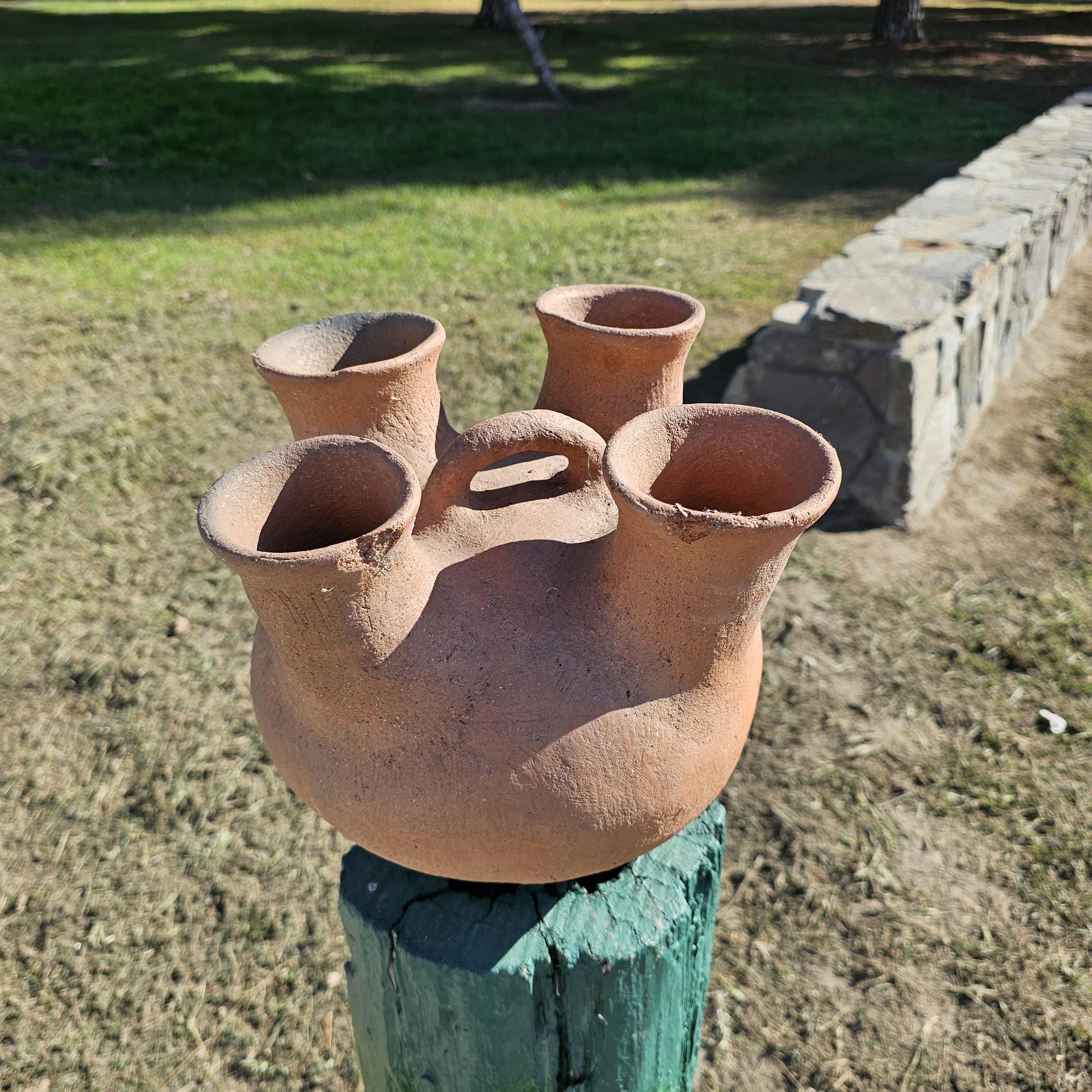 Rustic 4 Mouth Mexican Vessel Terracotta Natural Clay Native Mexican Folk Art