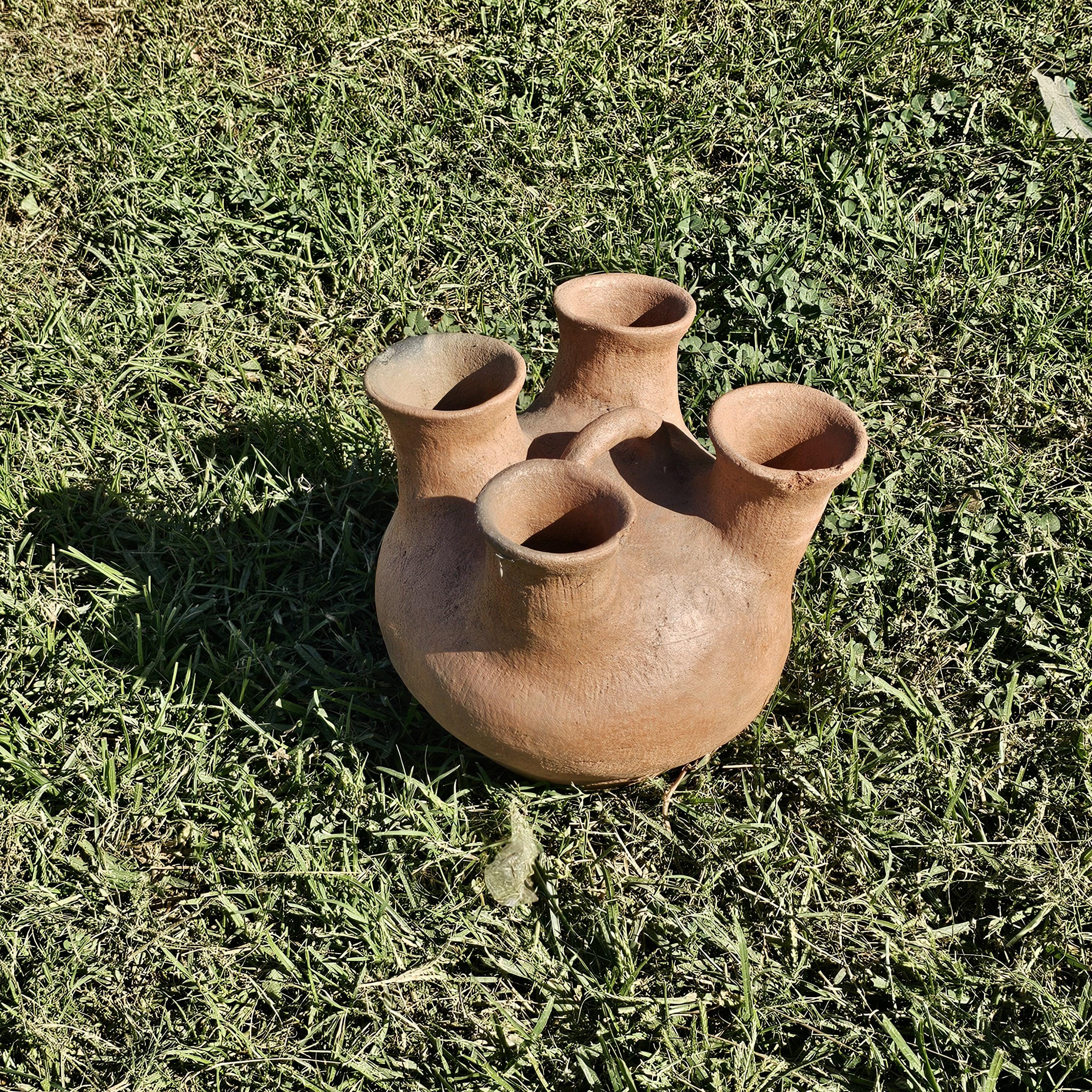 Rustic 4 Mouth Mexican Vessel Terracotta Natural Clay Native Mexican Folk Art