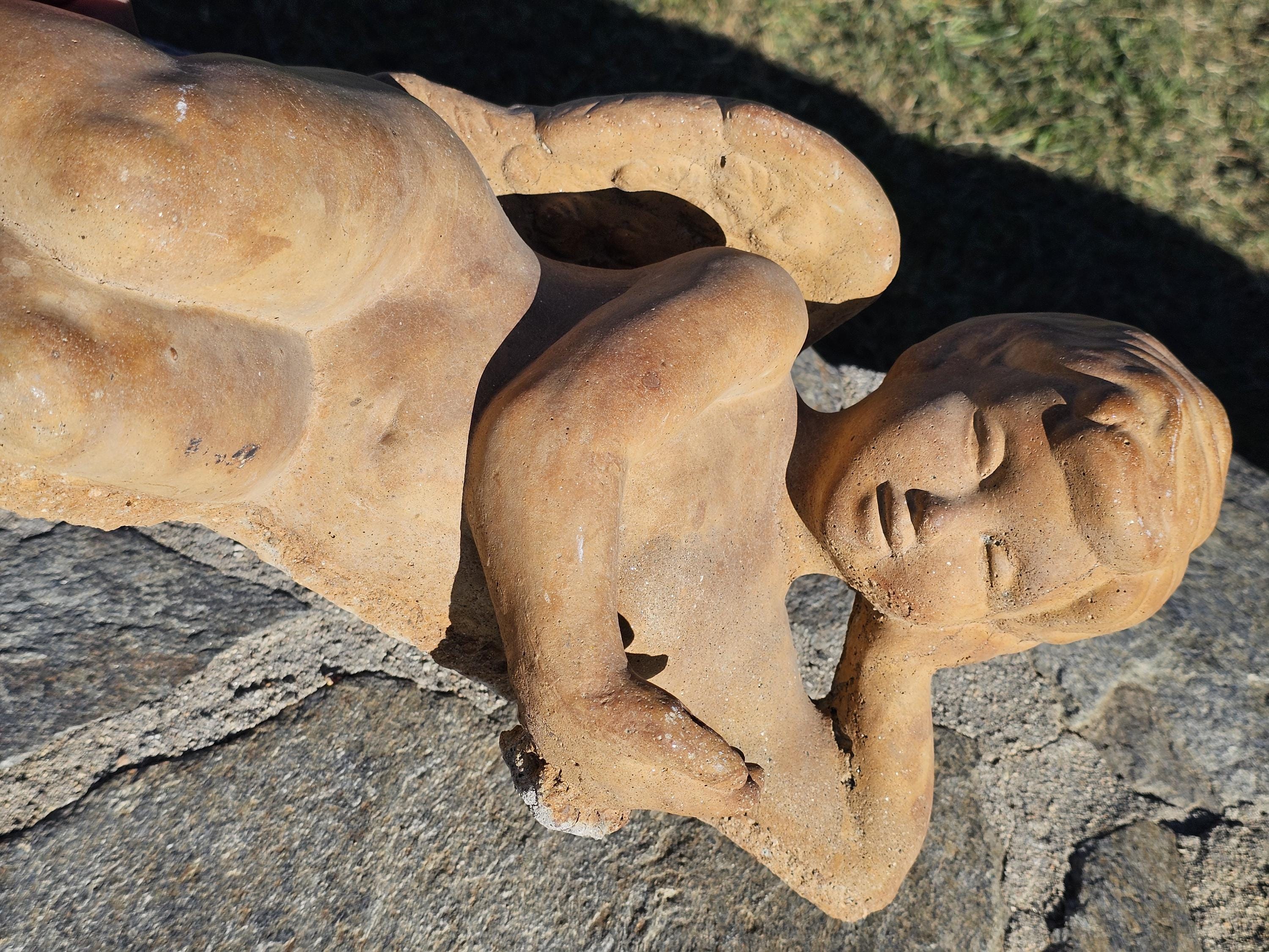 Cement Reclining Cherub Angel Garden Statue Weathered 17"L x 7.5"D x 7.5"H