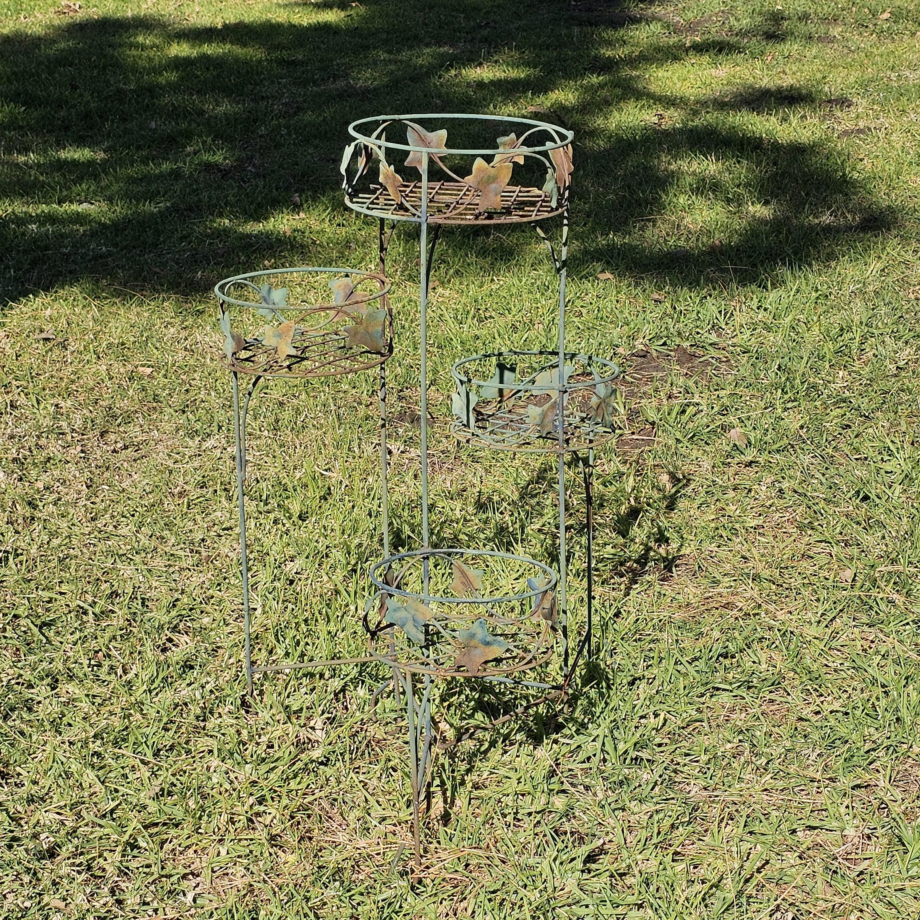 Vintage Rusty 4 Pot Plant Stand With Leaves Weathered 28"H