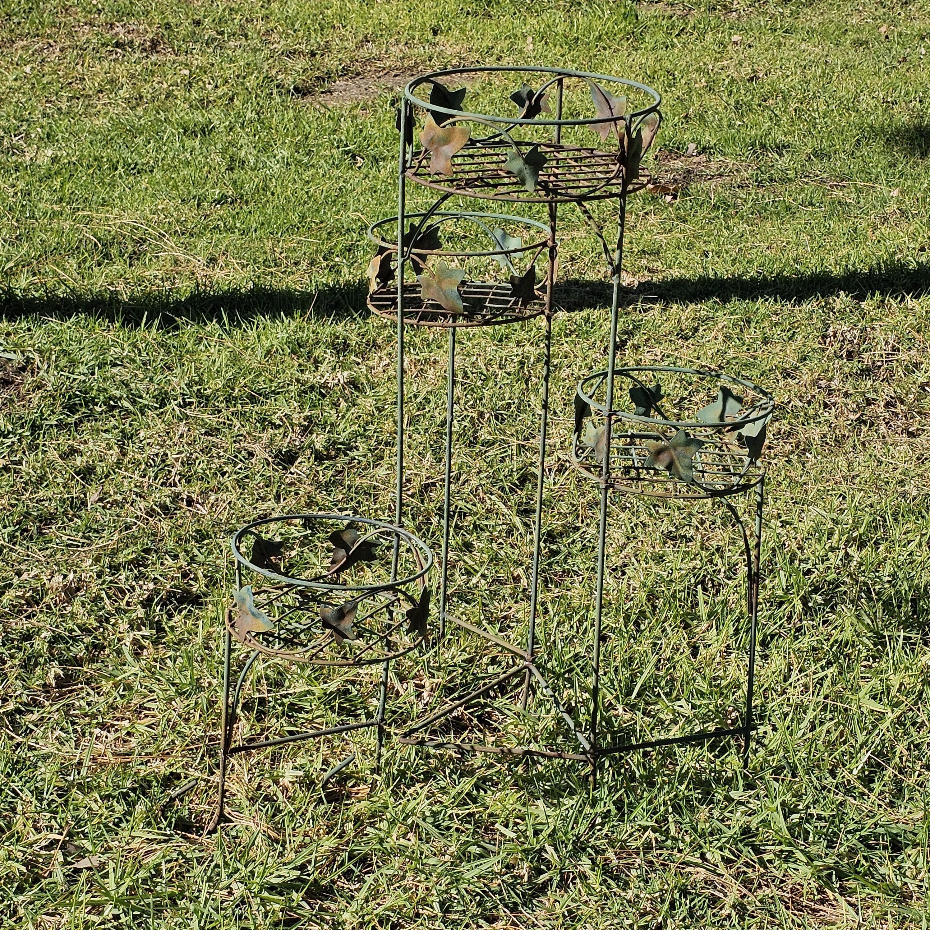 Vintage Rusty 4 Pot Plant Stand With Leaves Weathered 28"H