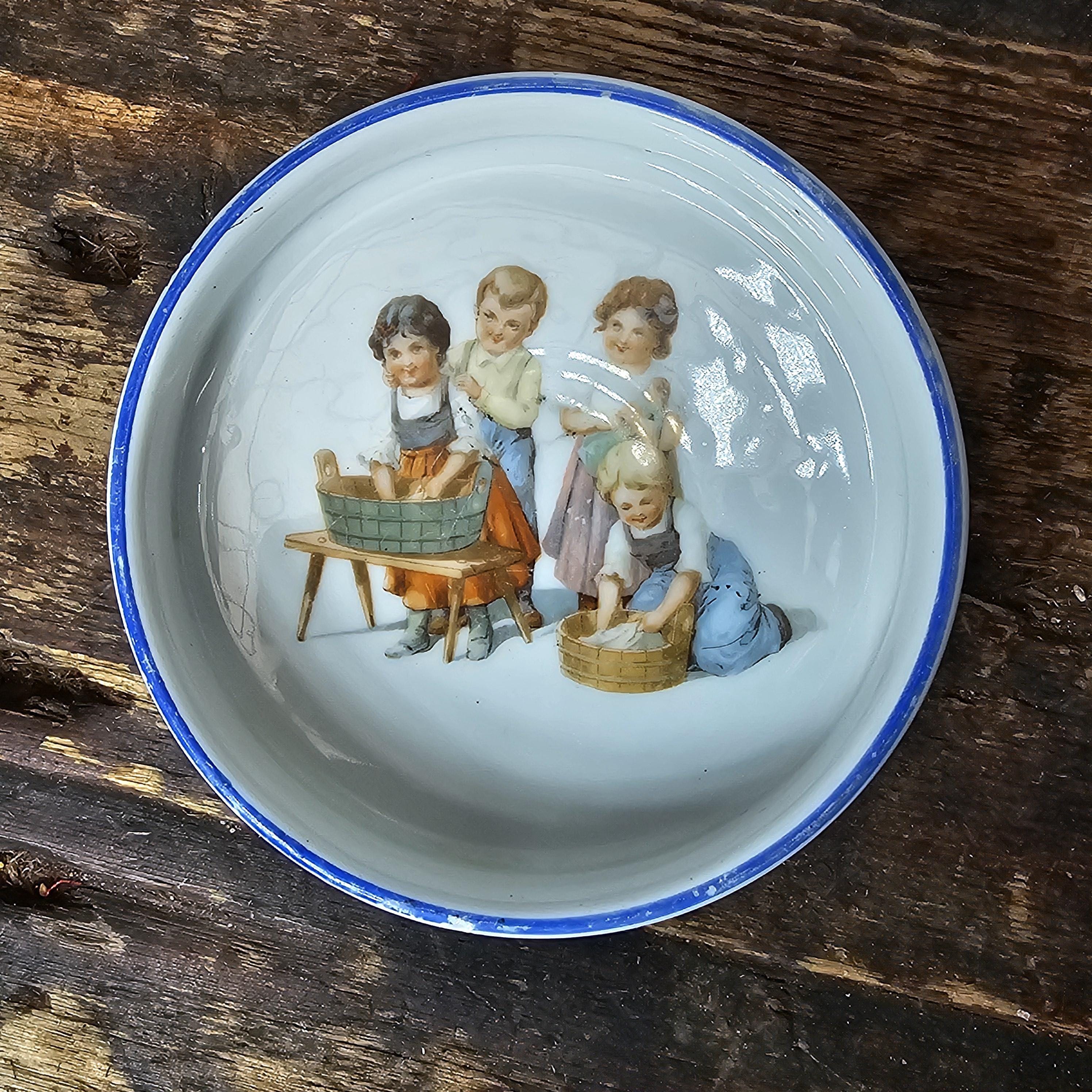 Antique German Porcelain Toddler Bowl Dish Pet Bowl Washday Theme