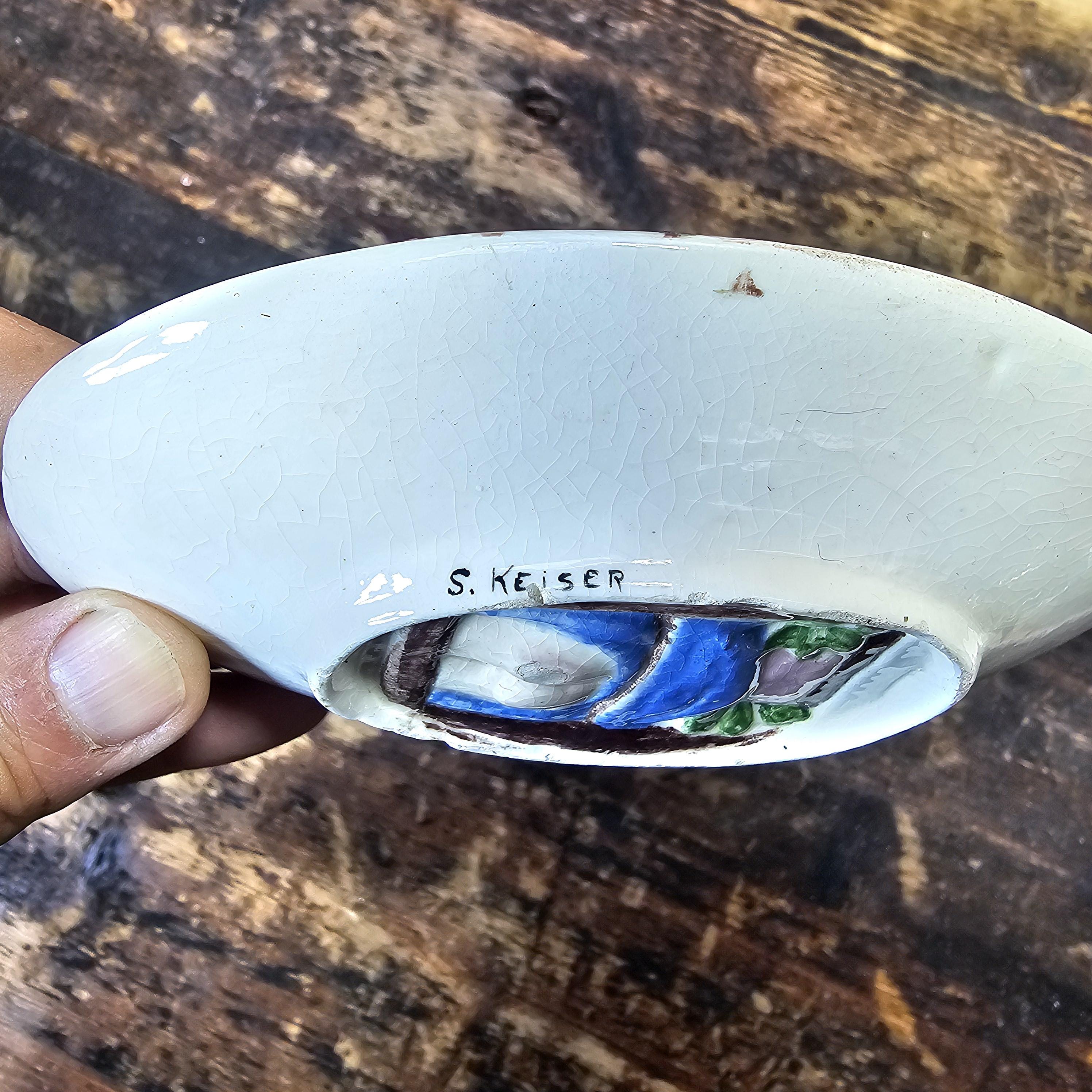 Bernhard Bloch Style Majolica Dish Erotic Theme Reverse side 5.75"L x 3.75"W