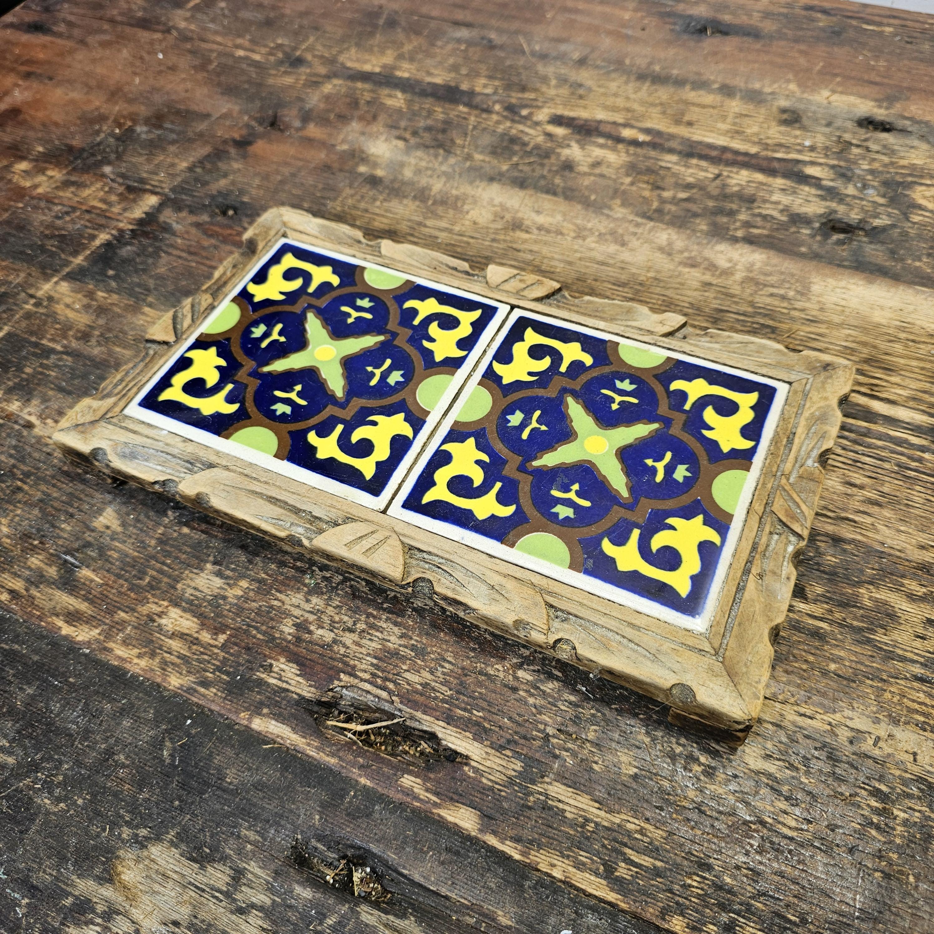 Vintage Lamosa Mexico Tile & Carved Wood Hot Plate Footed Trivet 10"L x 6"W