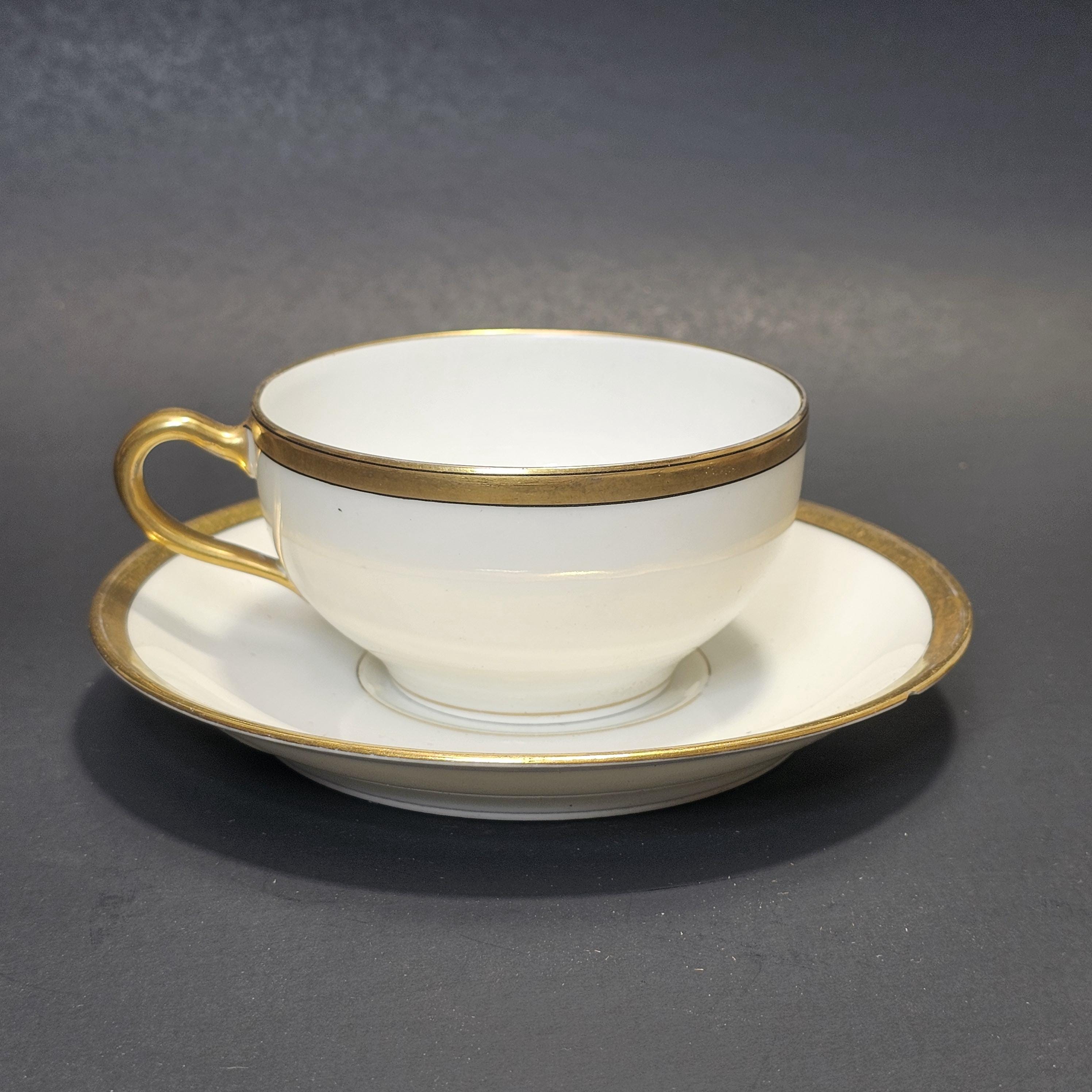 Theodore Haviland Limoges France Teacup Saucer & Fruit Bowl Set White Gold Trim