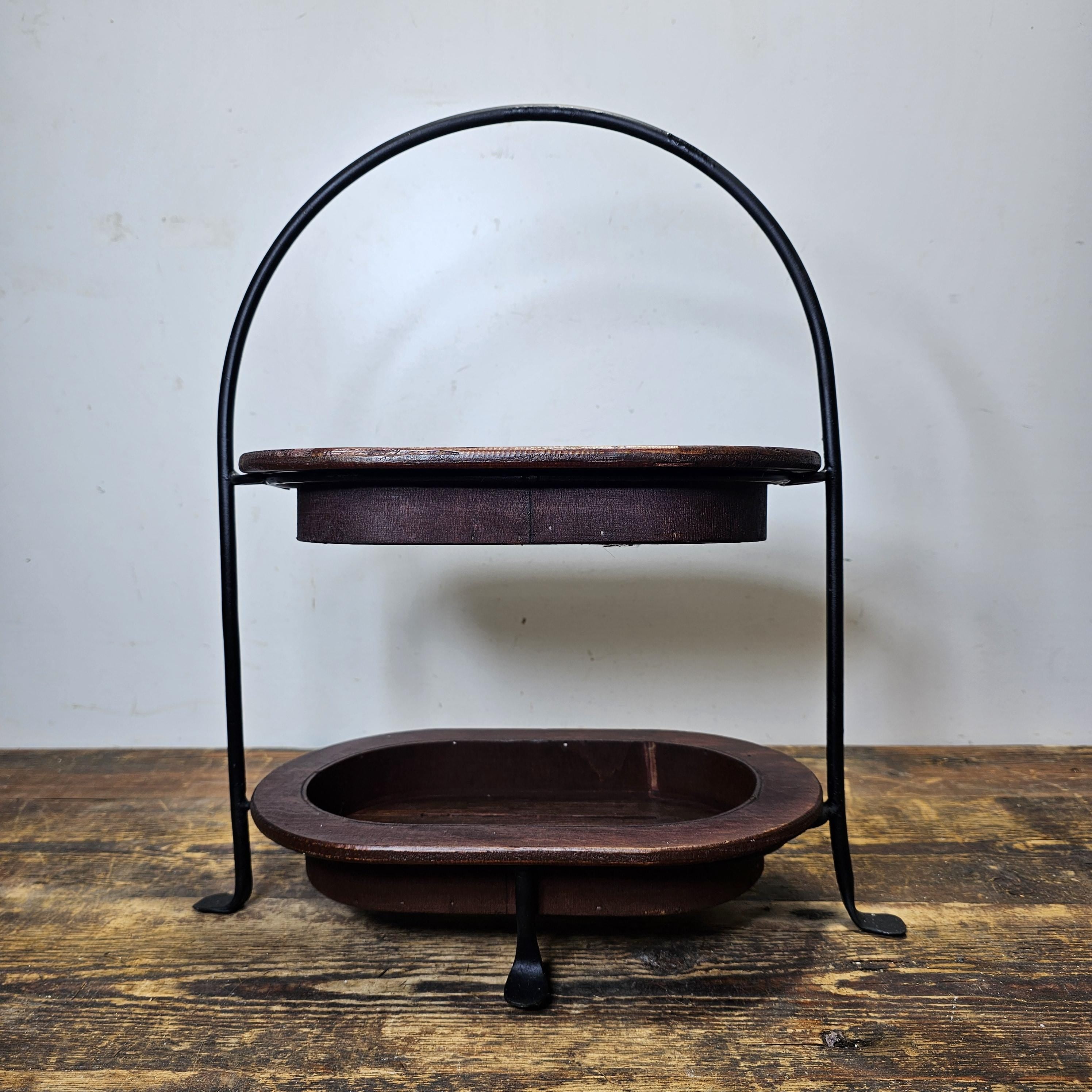 Vintage Black Metal & Wood Tray Two Tier Plant Stand Planter Made In Mexico