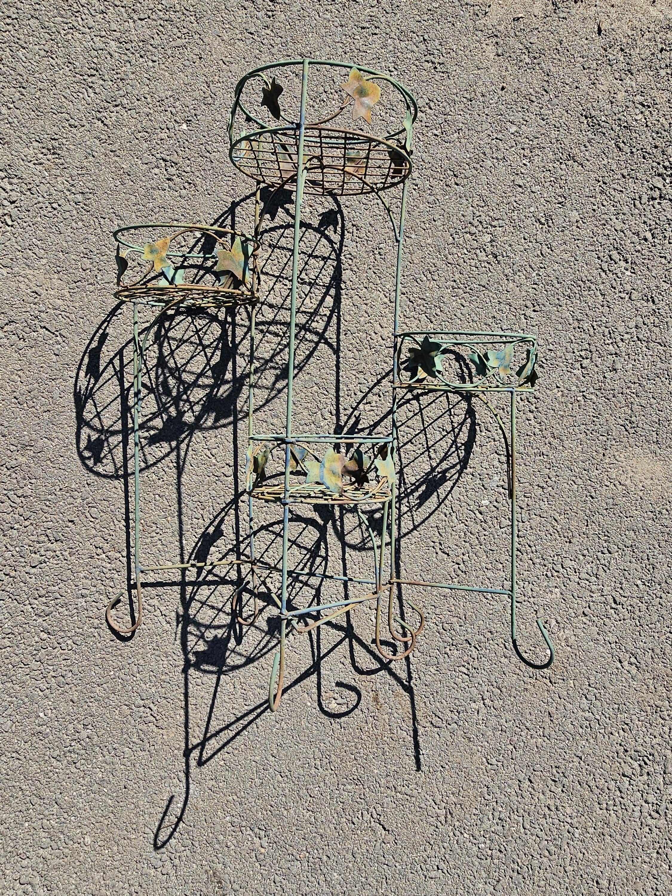 Vintage Rusty 4 Pot Plant Stand With Leaves Weathered 28"H