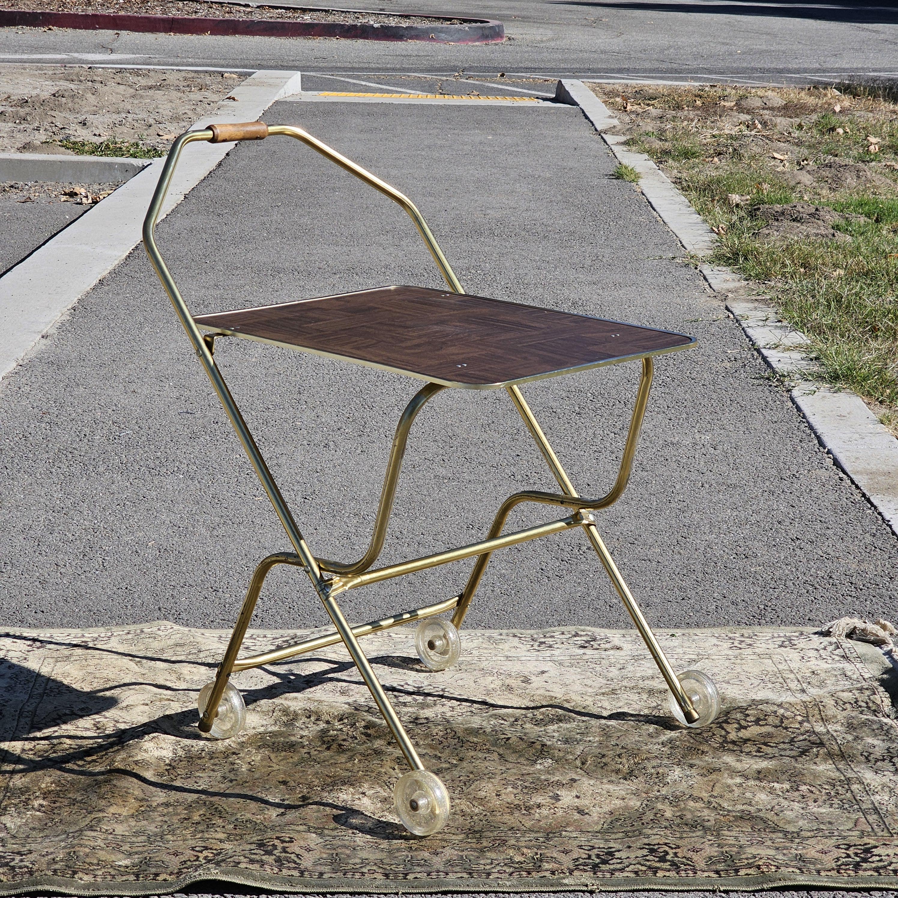 Vintage Mid Century Folding Rolling Bar Serving Cart With Wood Handle