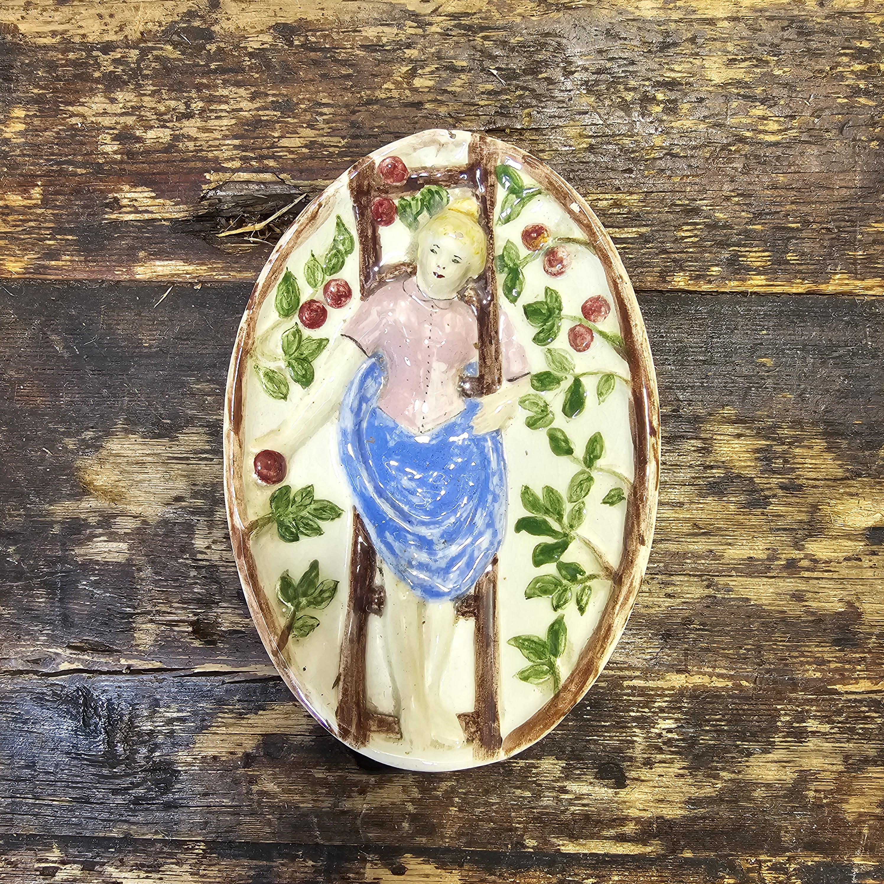 Bernhard Bloch Style Majolica Dish Erotic Theme Reverse side 5.75"L x 3.75"W