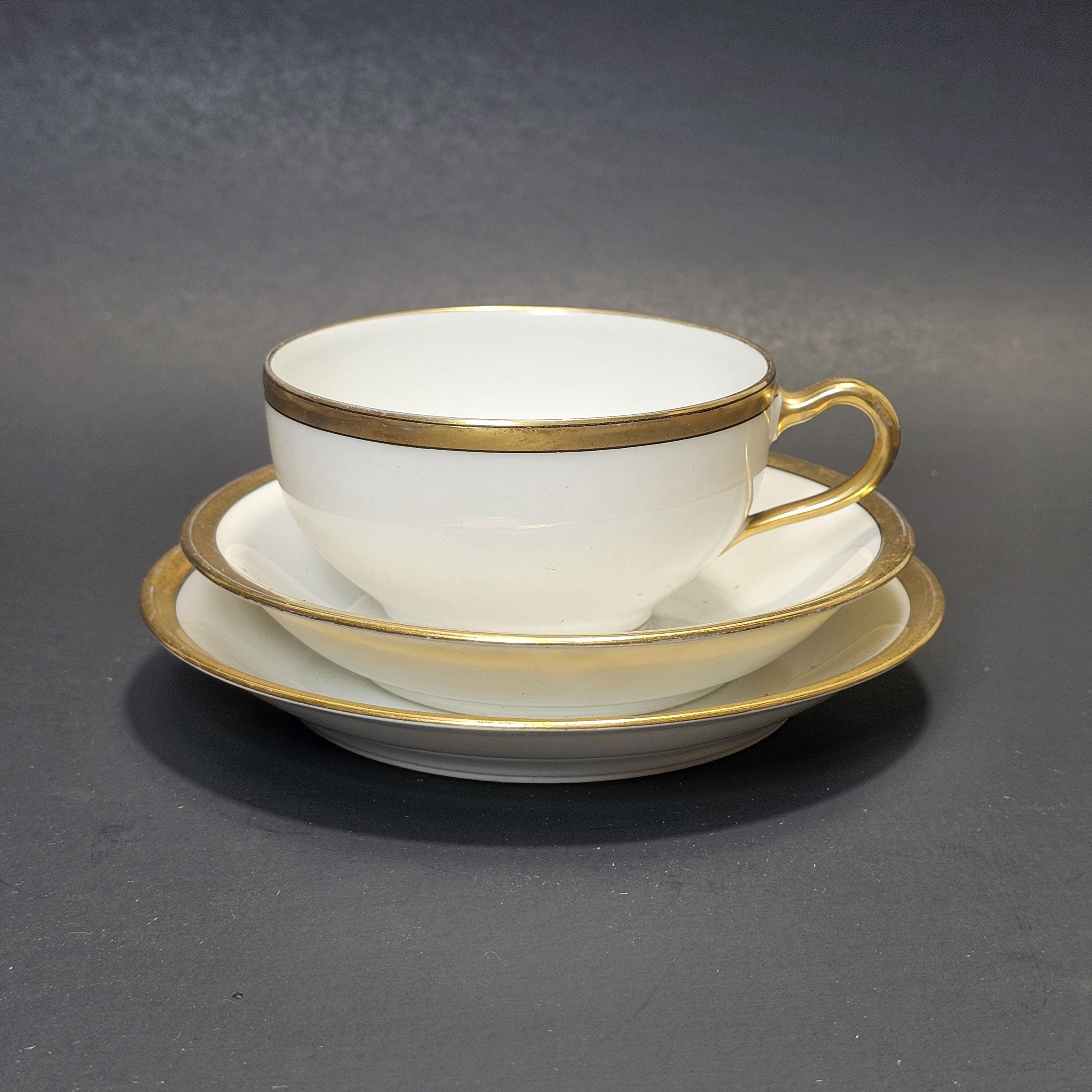 Theodore Haviland Limoges France Teacup Saucer & Fruit Bowl Set White Gold Trim