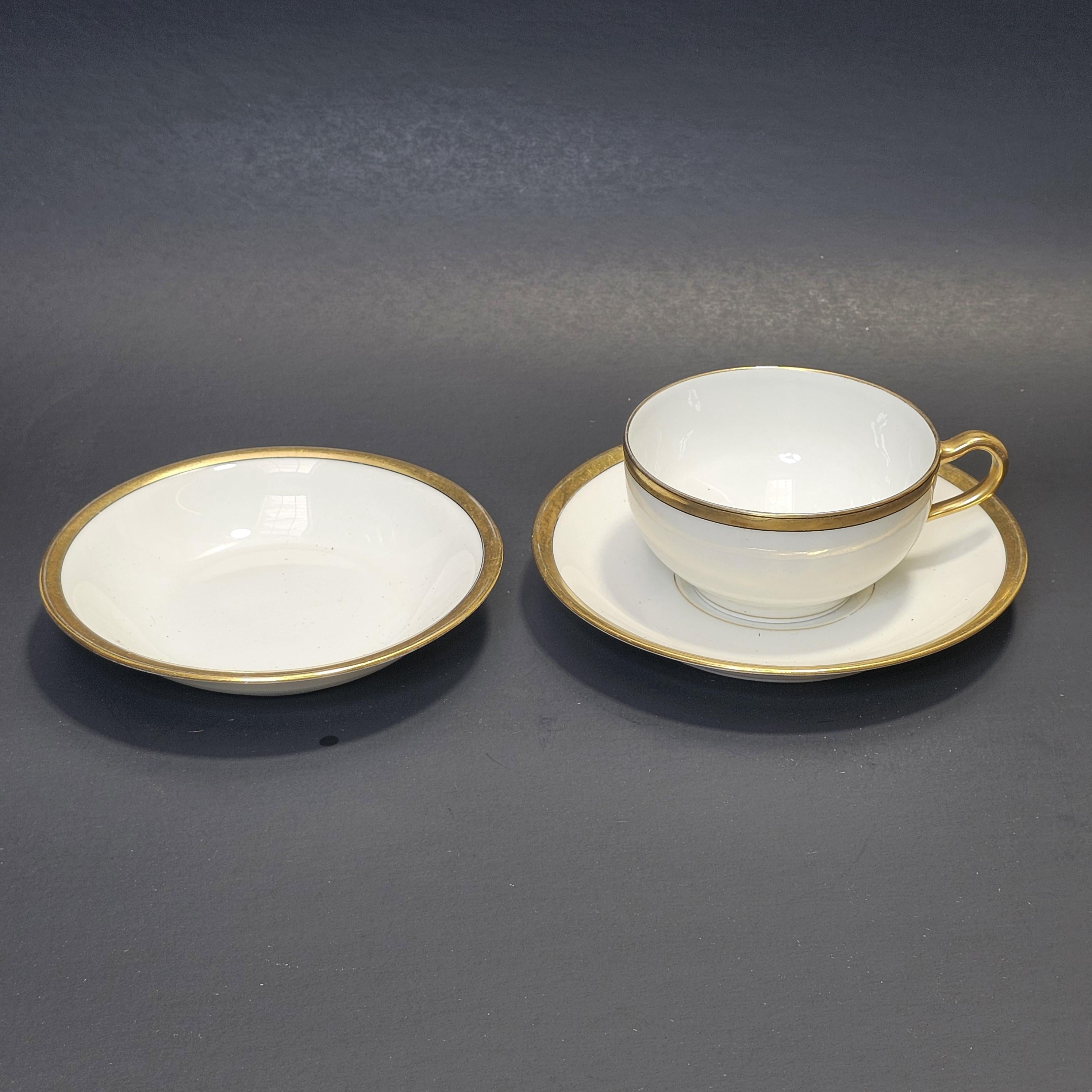 Theodore Haviland Limoges France Teacup Saucer & Fruit Bowl Set White Gold Trim