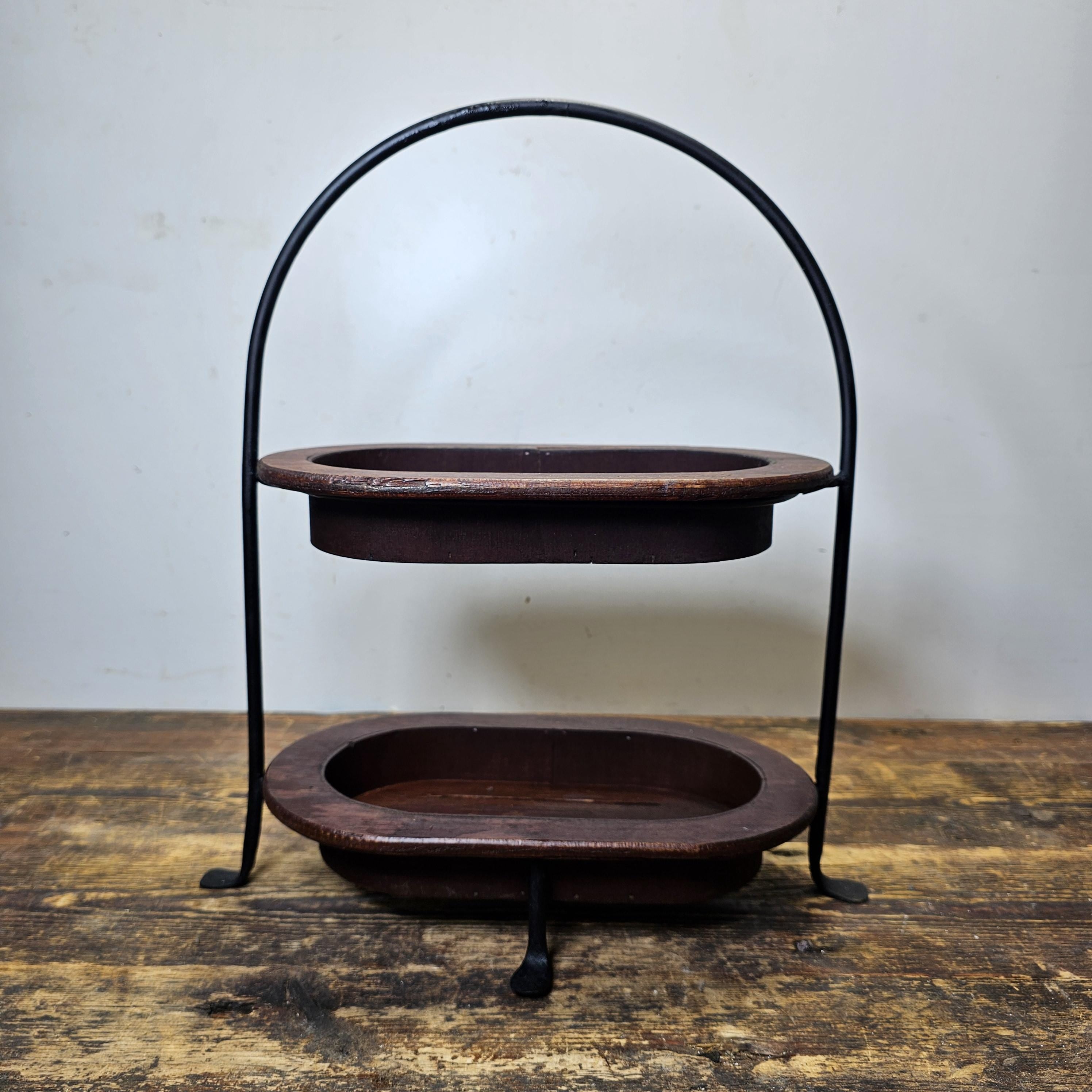Vintage Black Metal & Wood Tray Two Tier Plant Stand Planter Made In Mexico