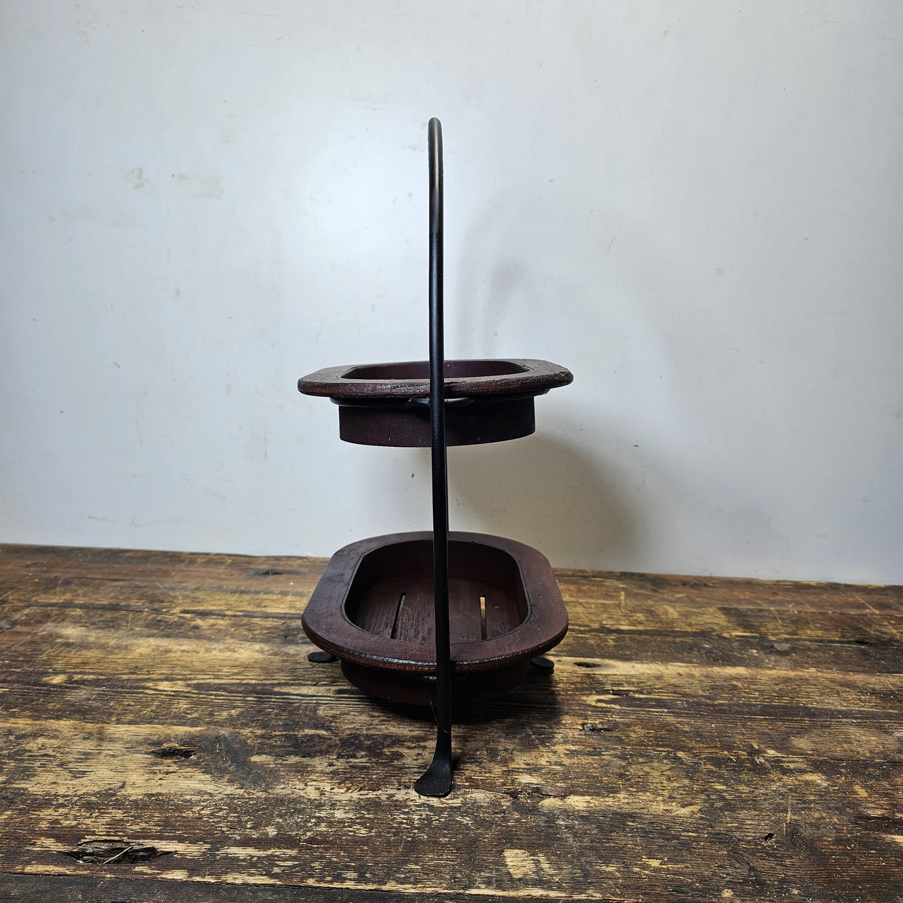 Vintage Black Metal & Wood Tray Two Tier Plant Stand Planter Made In Mexico