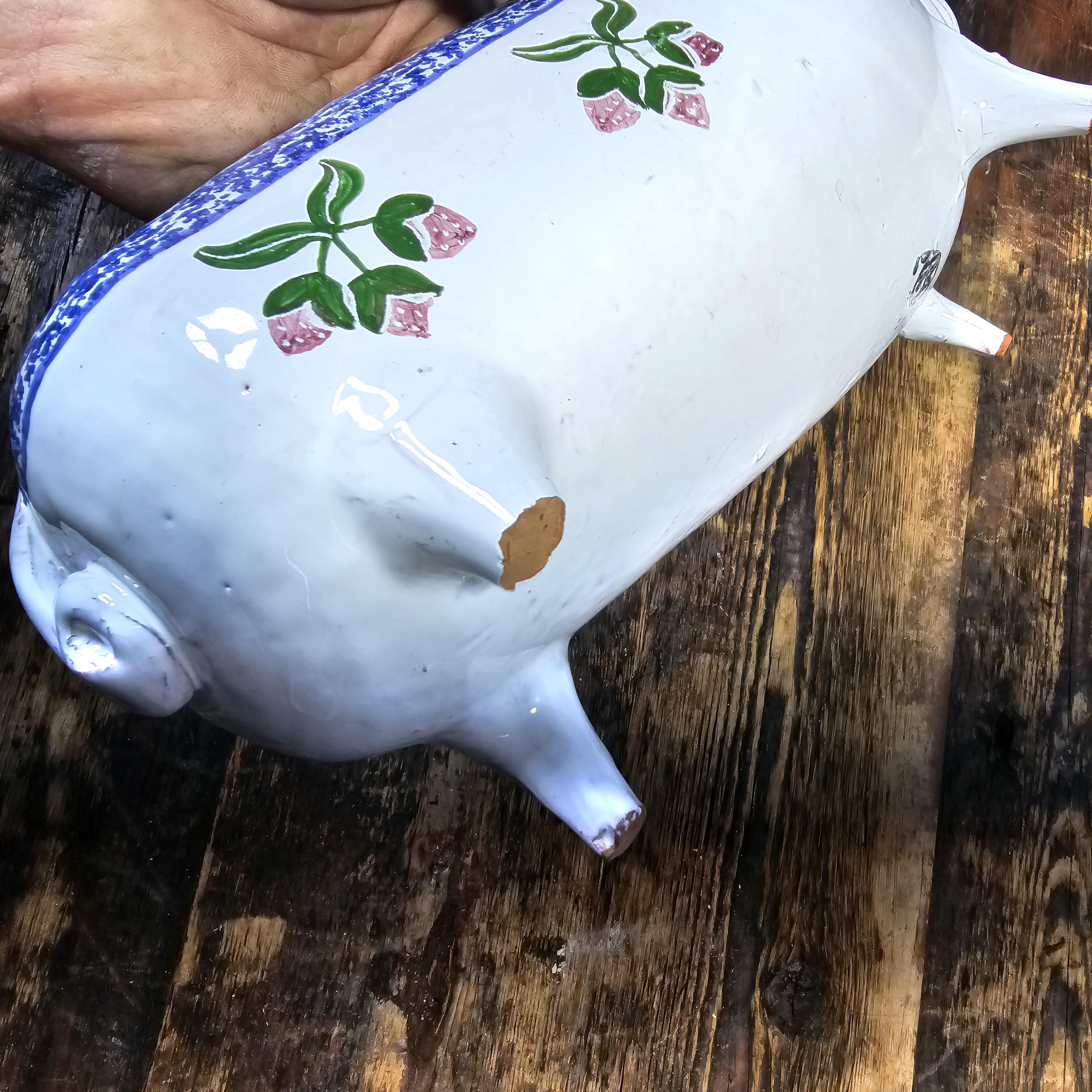 Vintage Hand Painted Pottery Pig Candle Holder (Damaged) 12.5"L x 4.5"W x 5.5"H