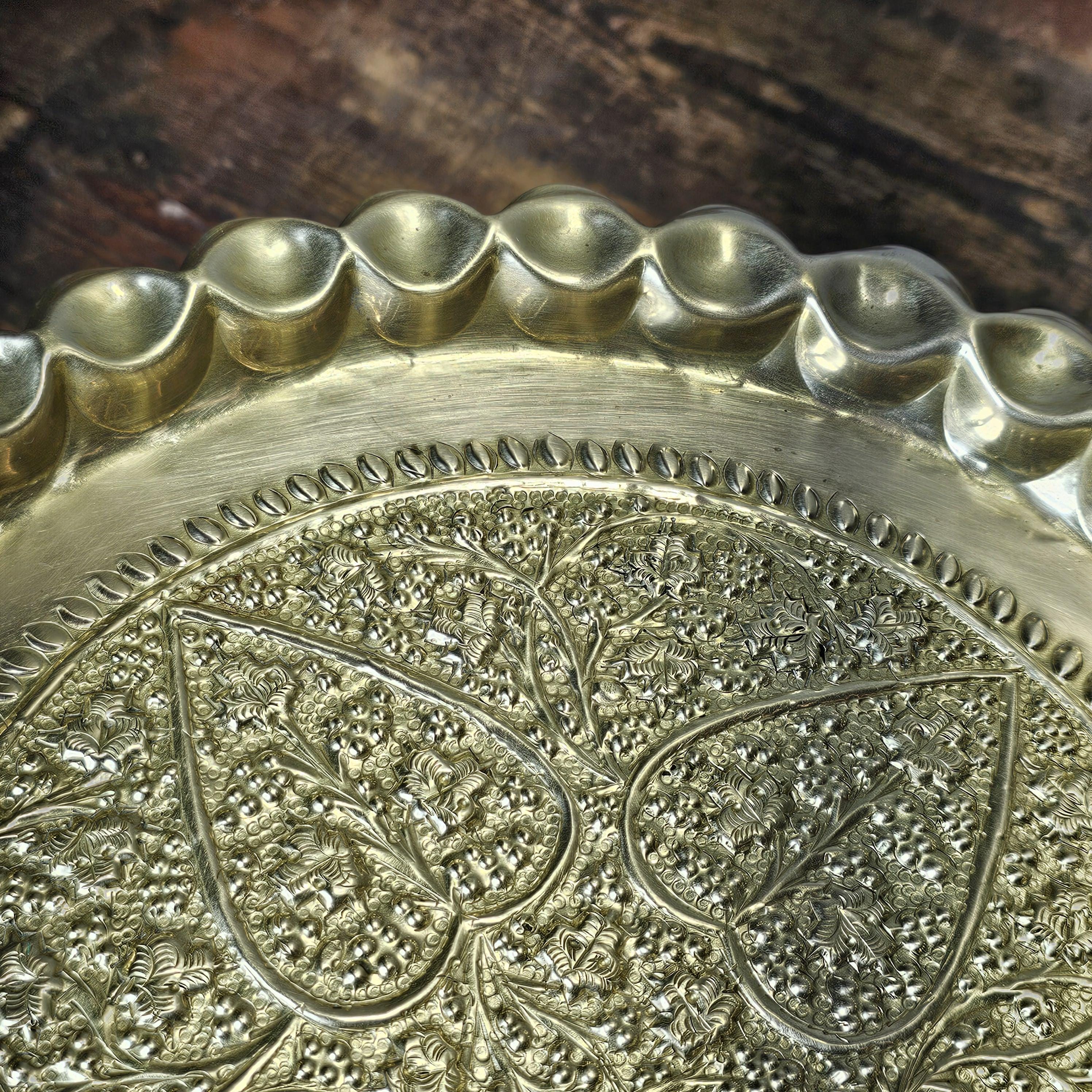 Moroccan Hammered Embossed & Engraved Brass Tray Platter 12.5'' Round