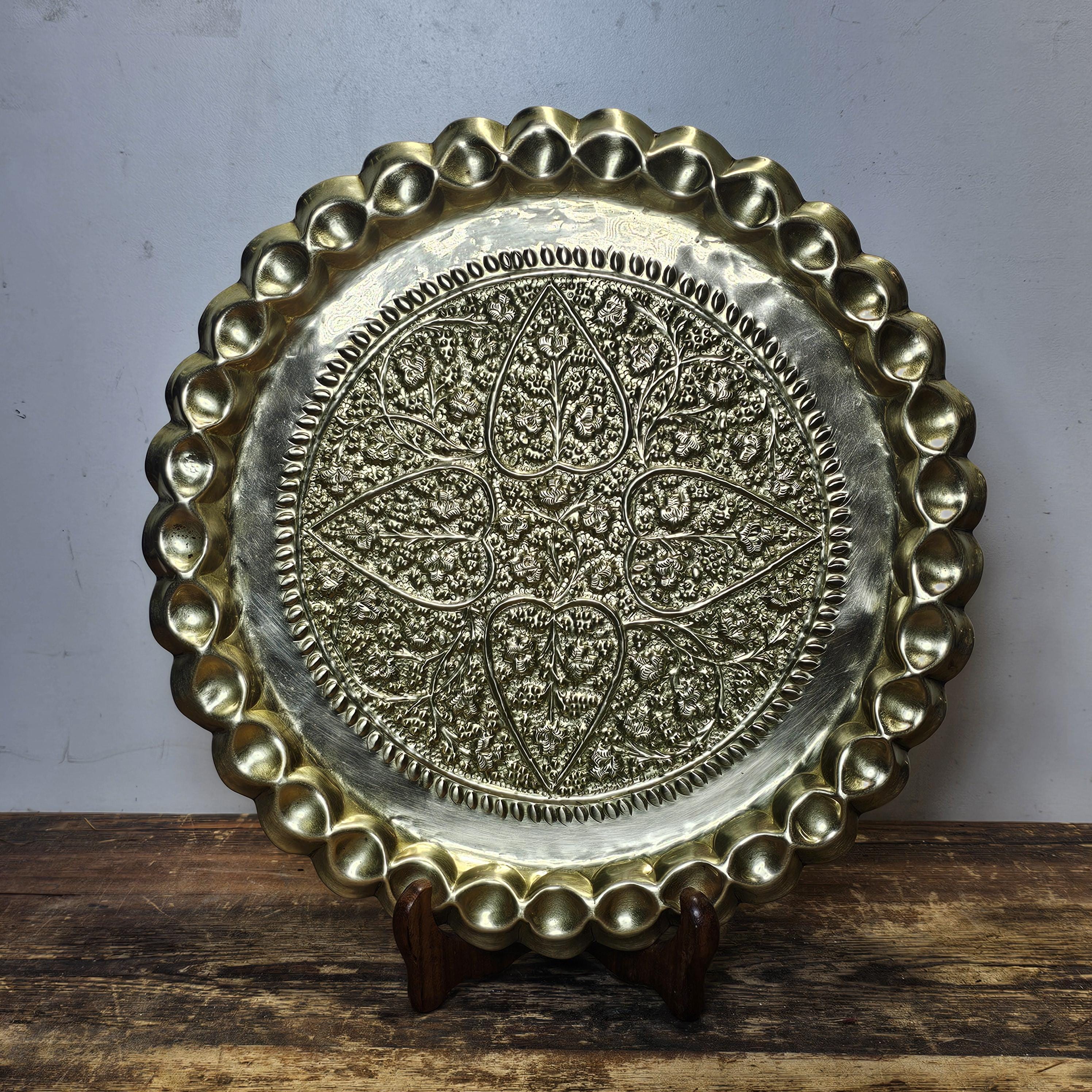 Moroccan Hammered Embossed & Engraved Brass Tray Platter 12.5'' Round