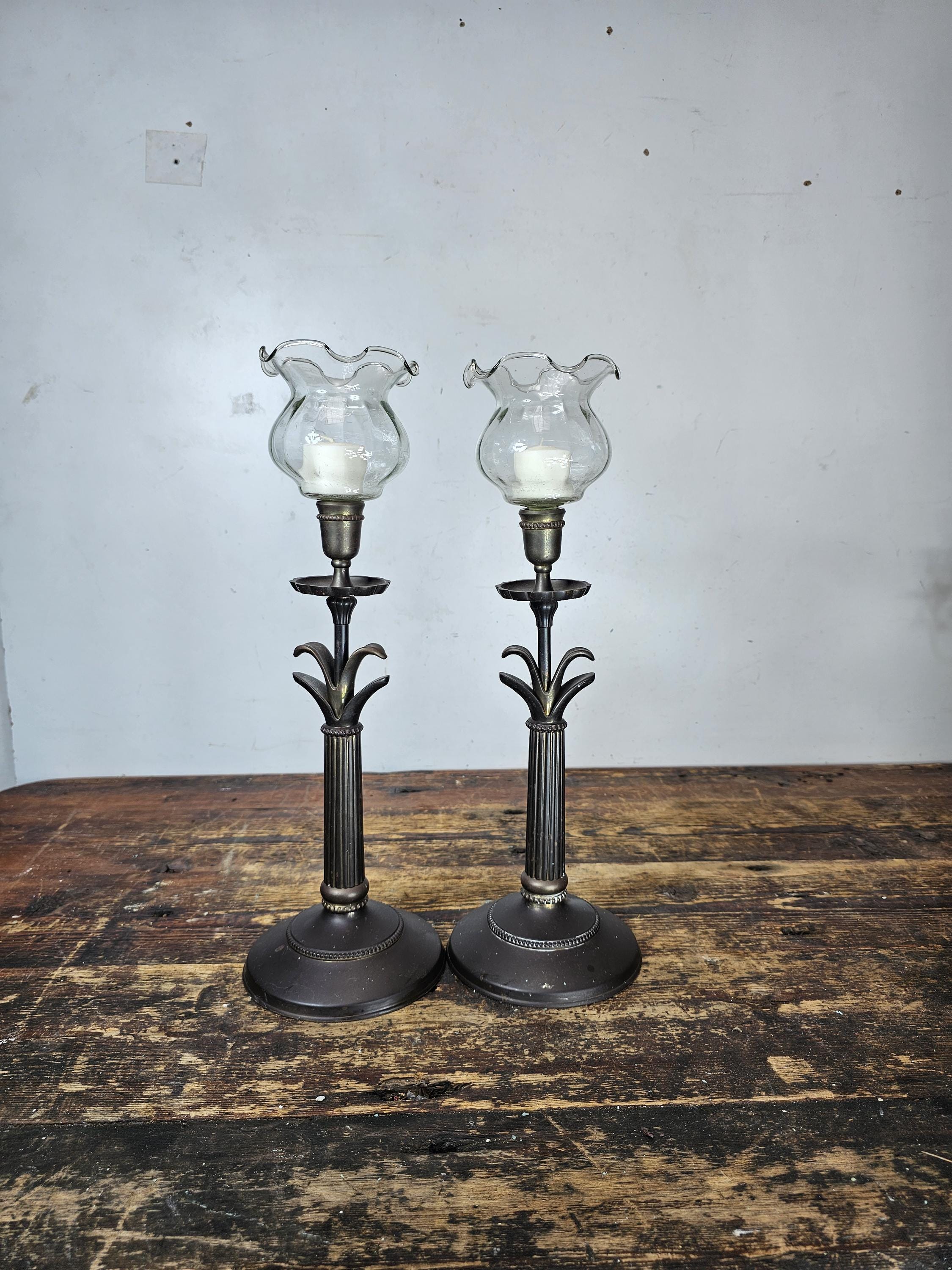 Pair of Metal Candleholders Patina 15.5"H
