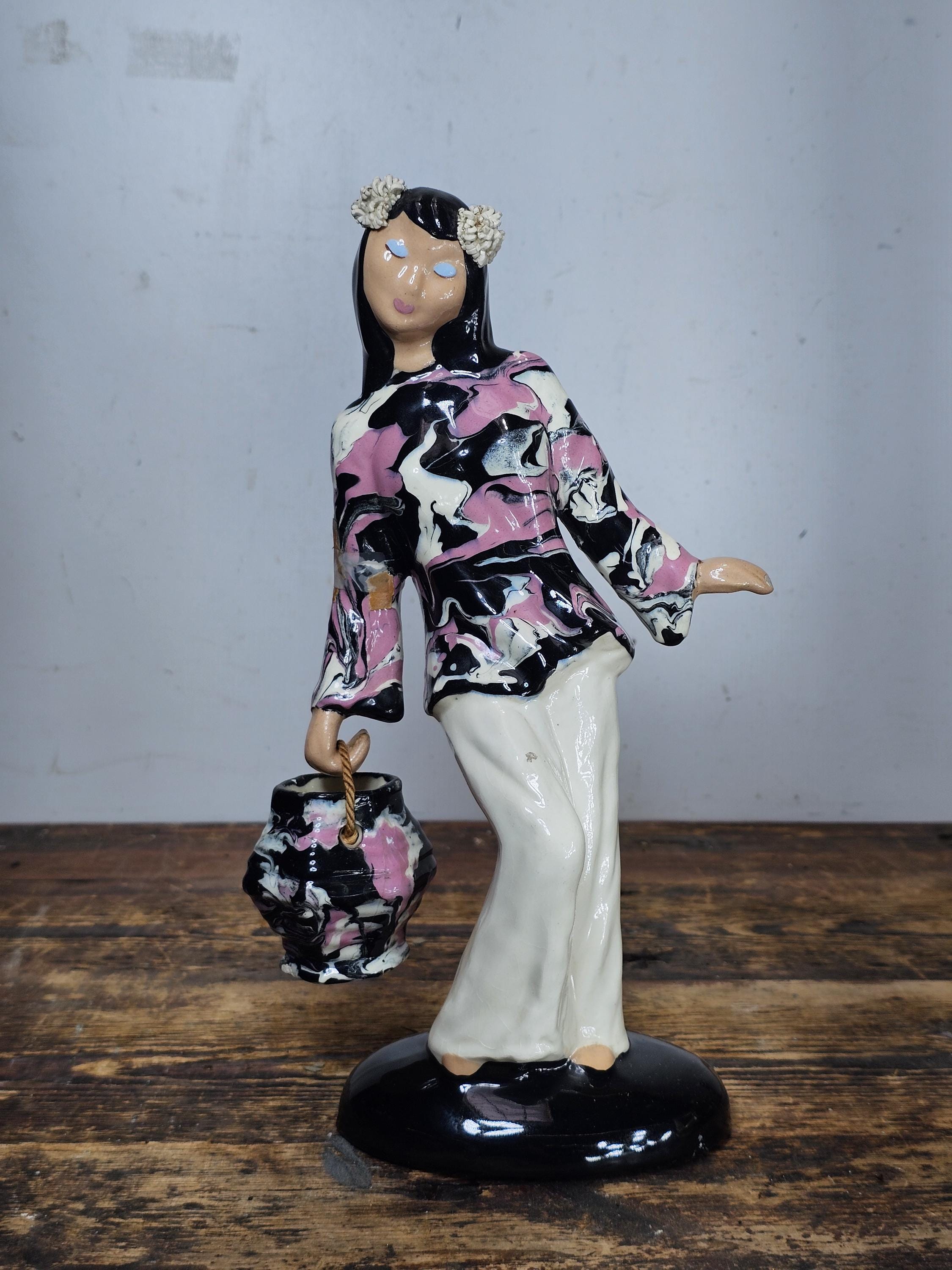Vintage Hedi Schoop Ceramic Asian Lady with Basket Signed 1950s