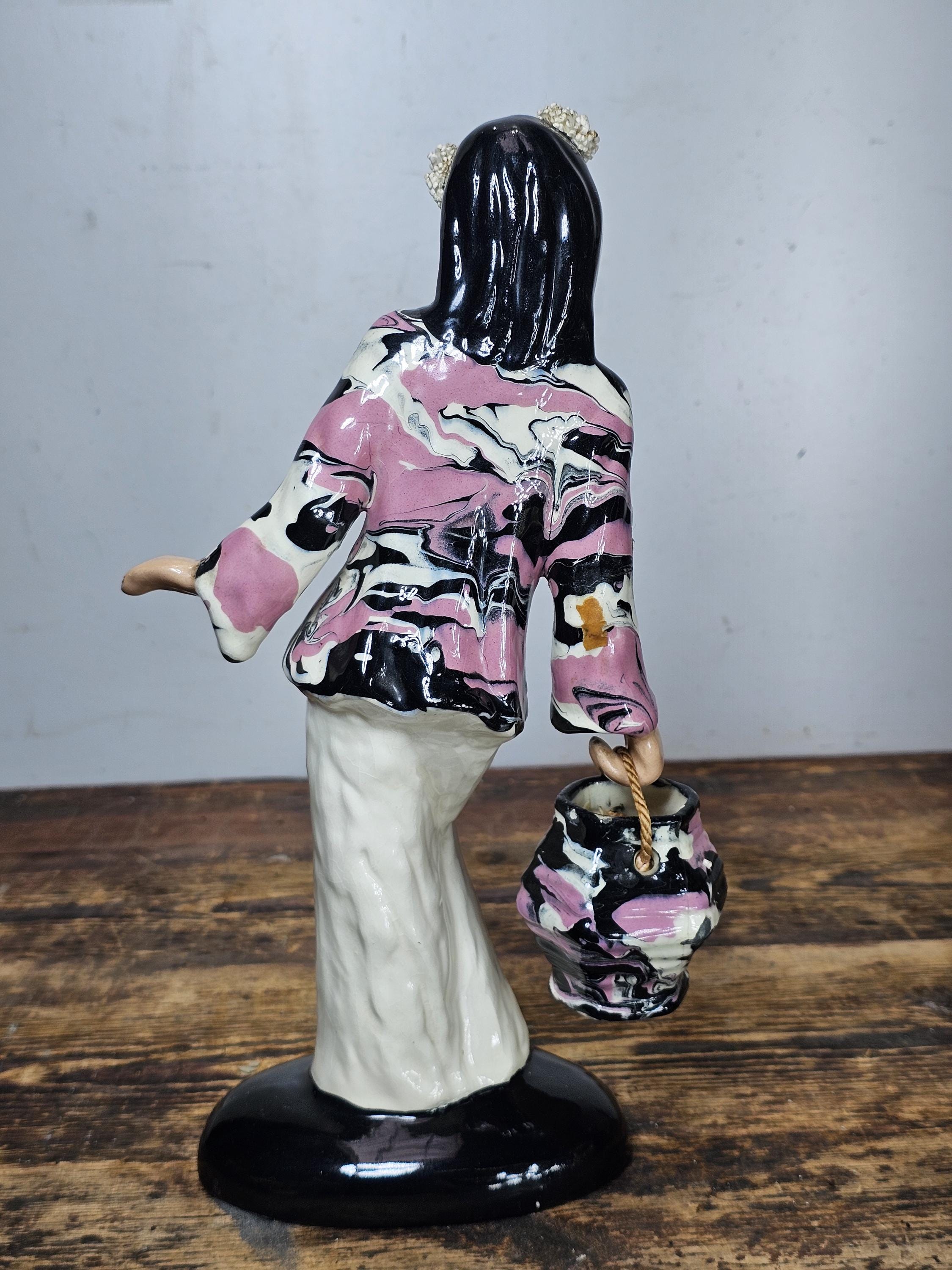 Vintage Hedi Schoop Ceramic Asian Lady with Basket Signed 1950s