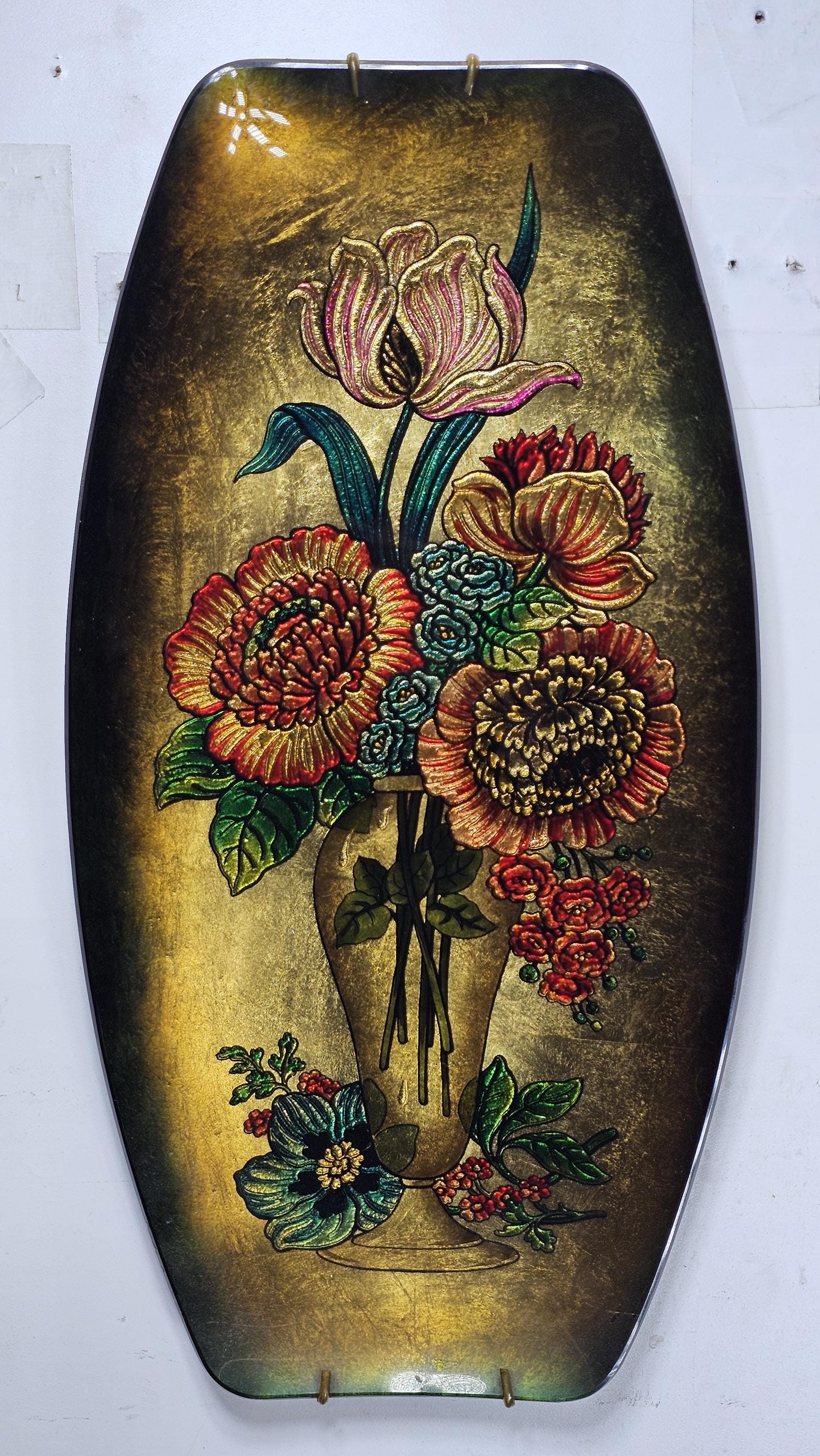 Vintage Reverse Paint Decorative Plate Floral Design 1950s 18.5" x 9.5" x 1.5"