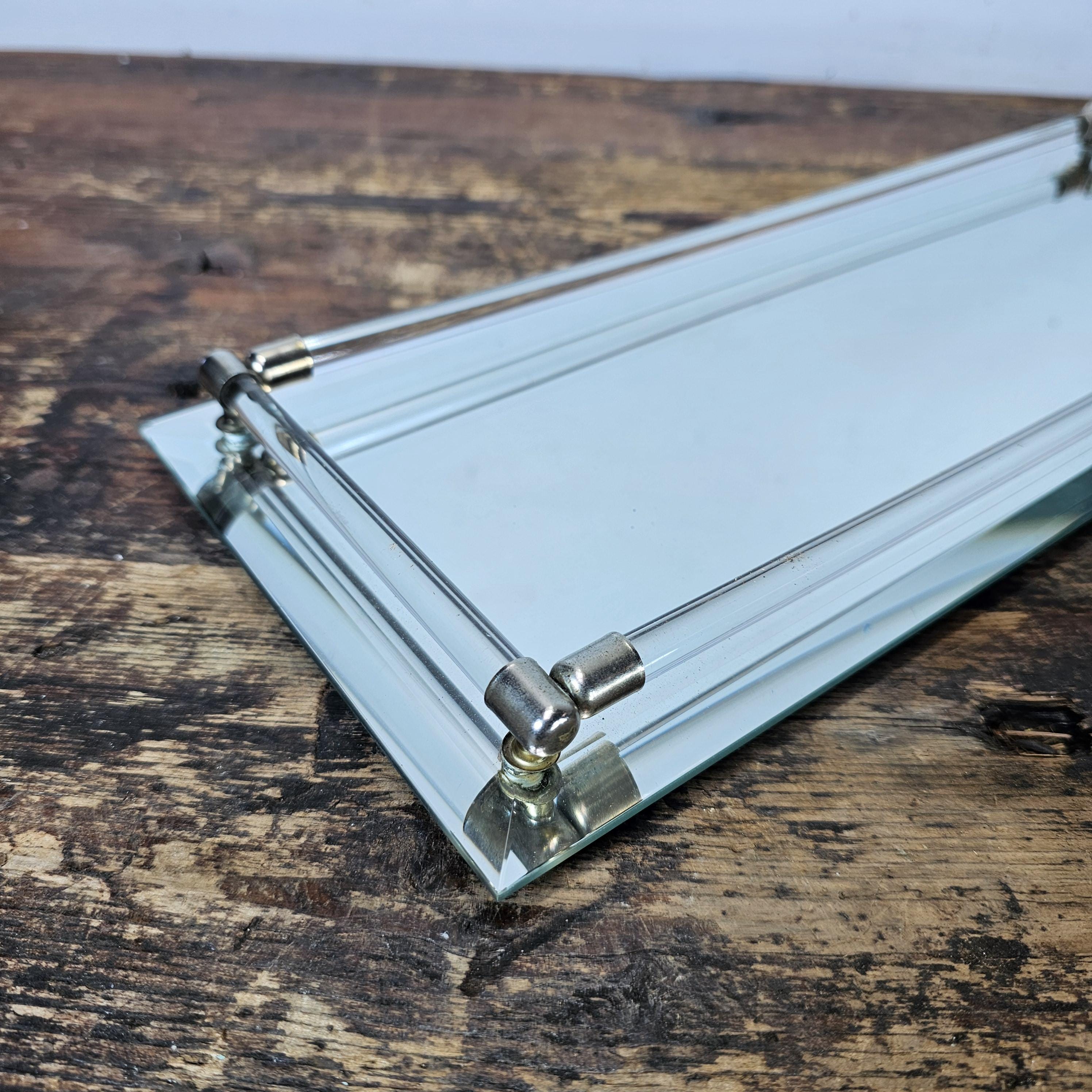Vintage Dresser Vanity Tray Mirror bottom & Acrylic Rail 6"W x 19"L x 1.25"H