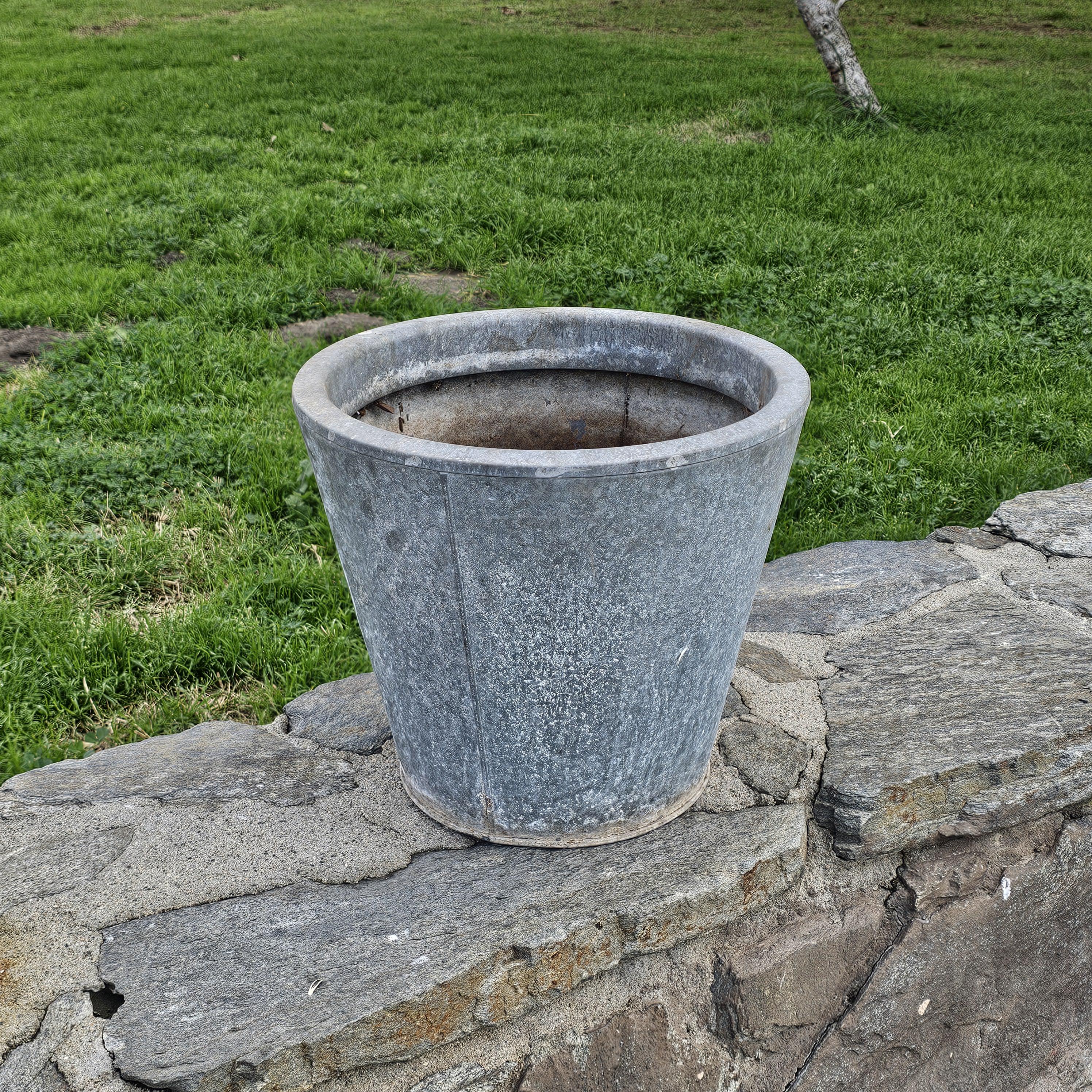 Vintage Distressed Galvanized Metal Planter 15"Diam x 13"H
