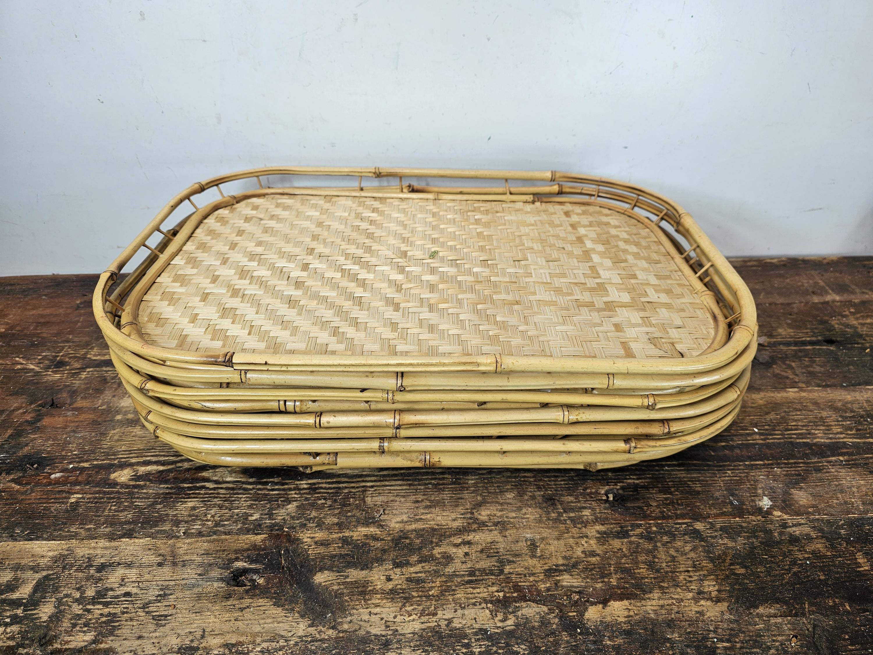 Set of 7 Vintage Bamboo Tray Woven Wicker Serving Tray Boho 19" x 13" x 1-1/4"