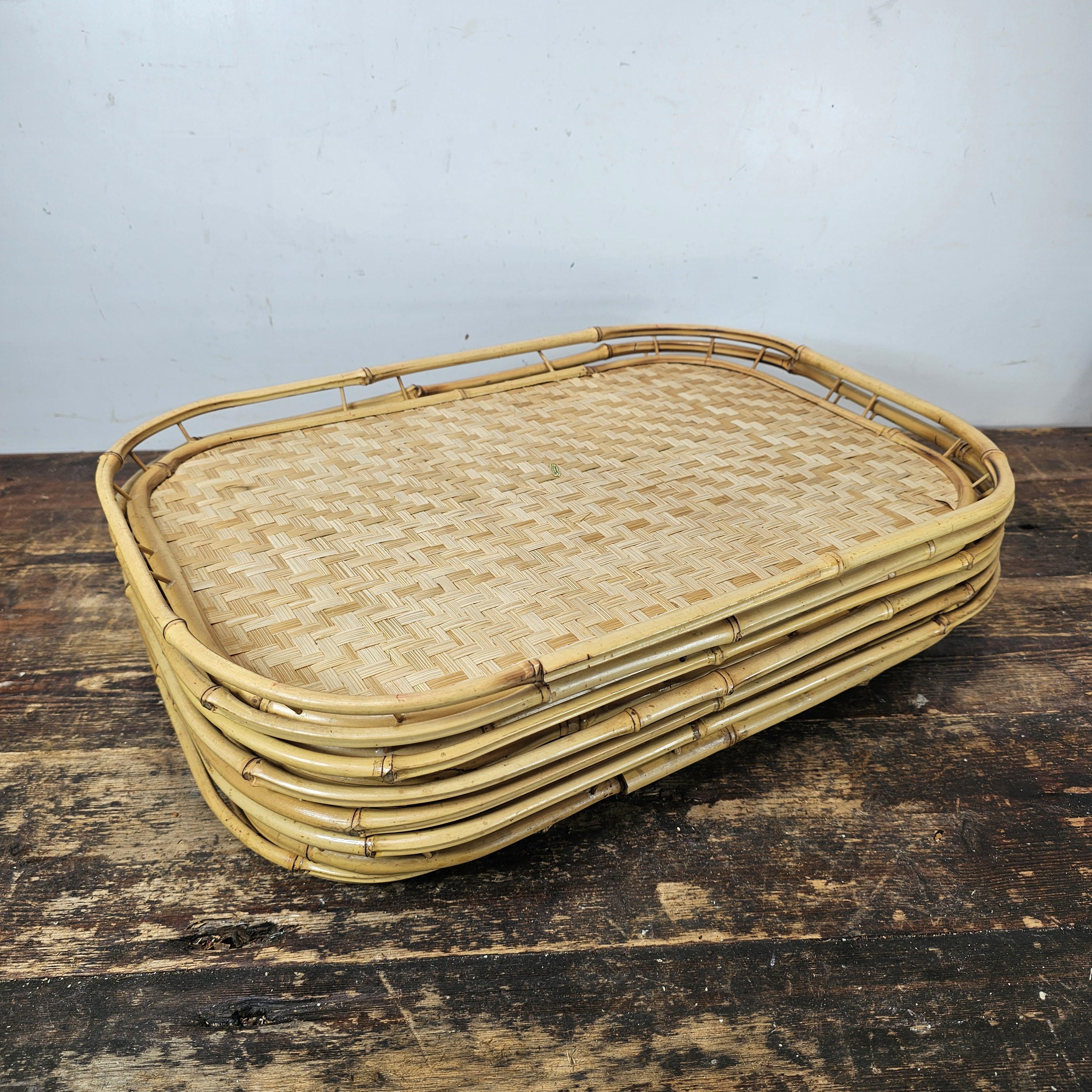 Set of 7 Vintage Bamboo Tray Woven Wicker Serving Tray Boho 19" x 13" x 1-1/4"