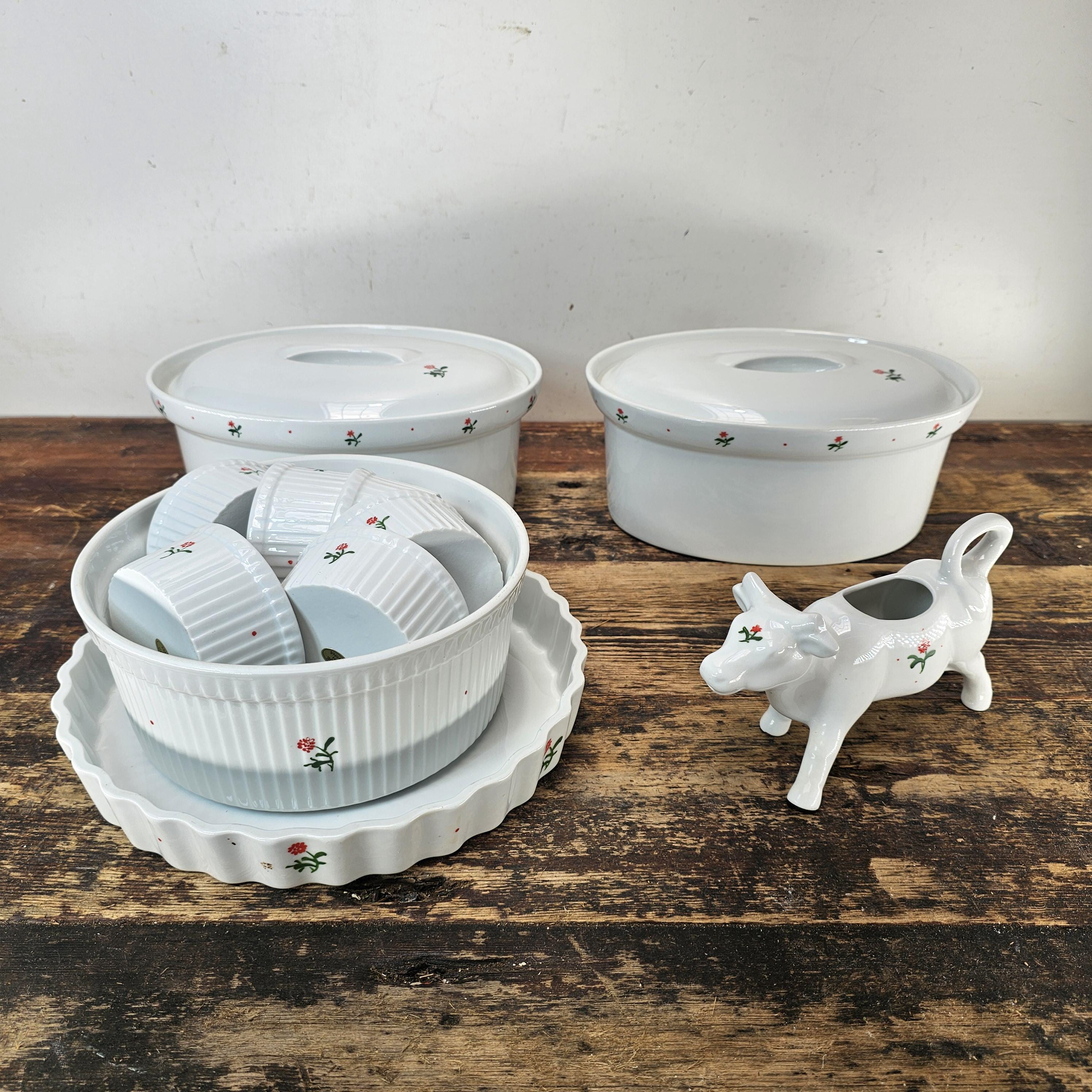 Retro Floral Kitchen Set /Creamer/Ramekins/Covered Casserole Dish/Pie Dish