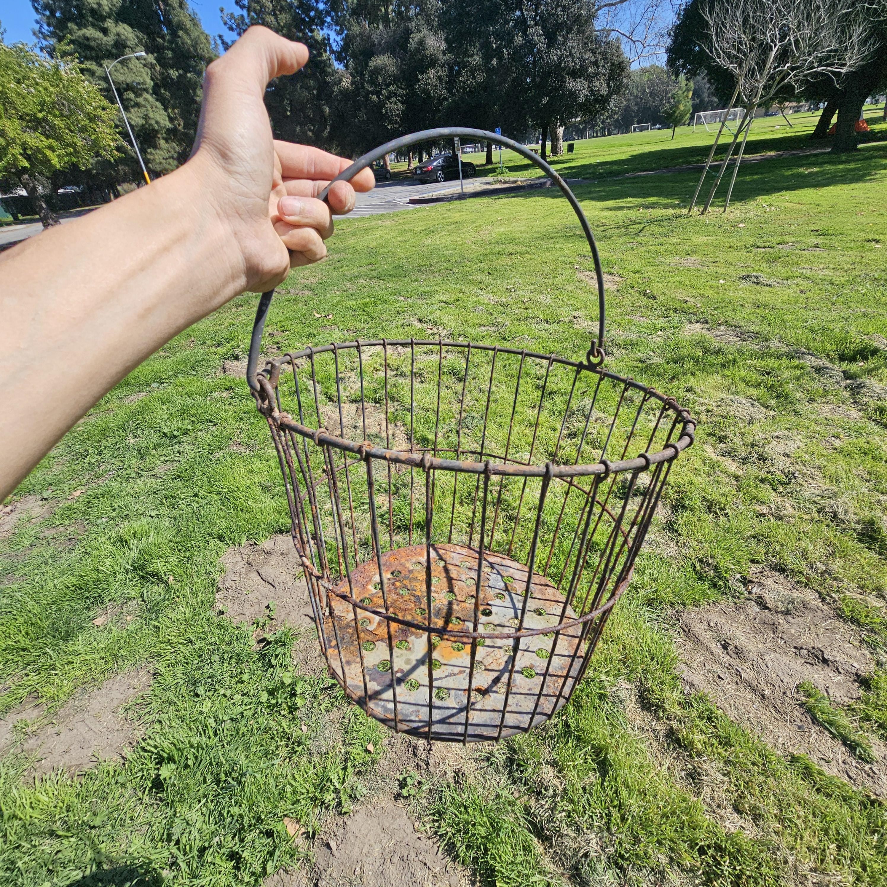 Vintage Rusty Wire Gathering Basket with Perforated Metal Base 15"Diam x 12"H