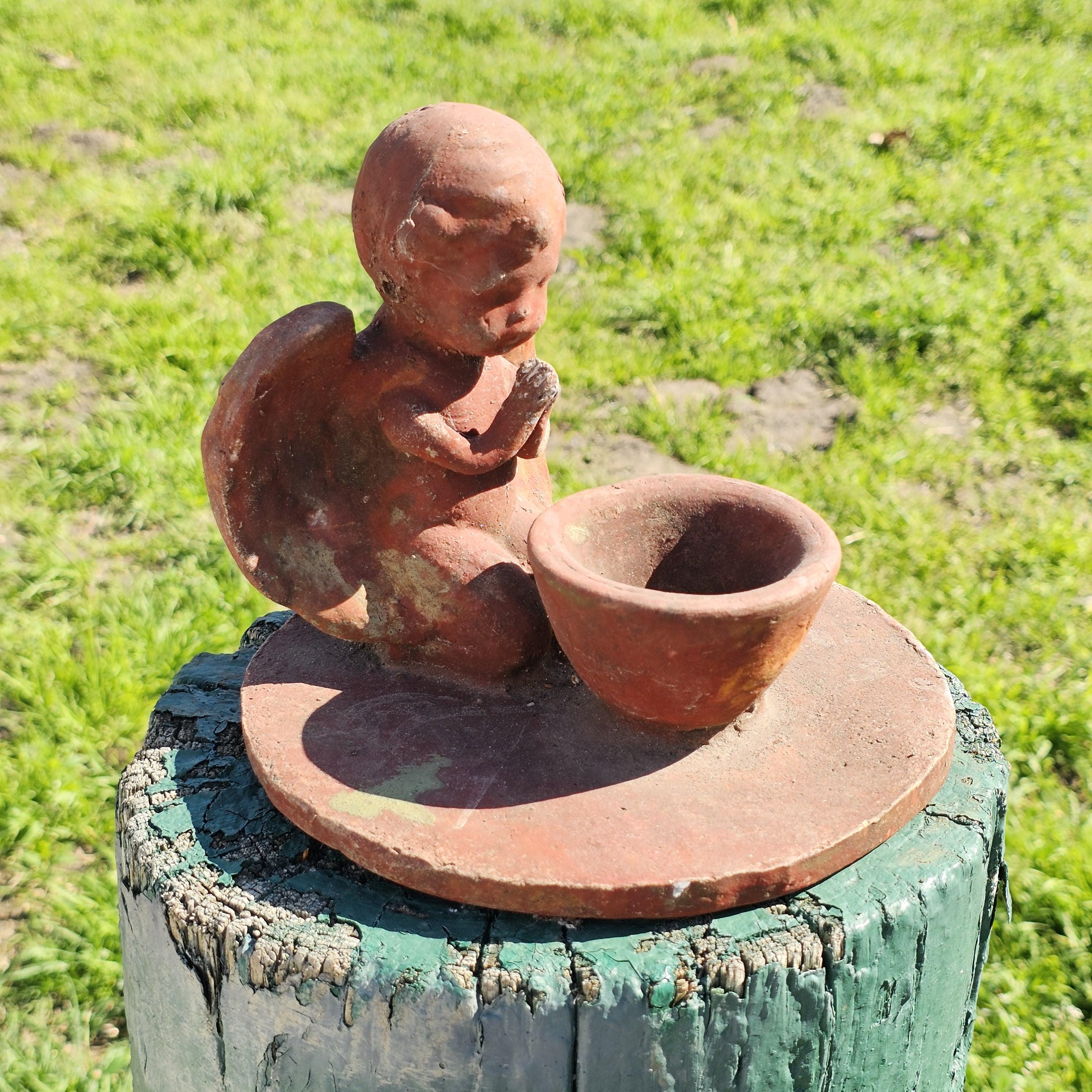 Clay Cherub Angel Candle Holder Copal Burning Bowl 7.5"Diam x 6.5"H