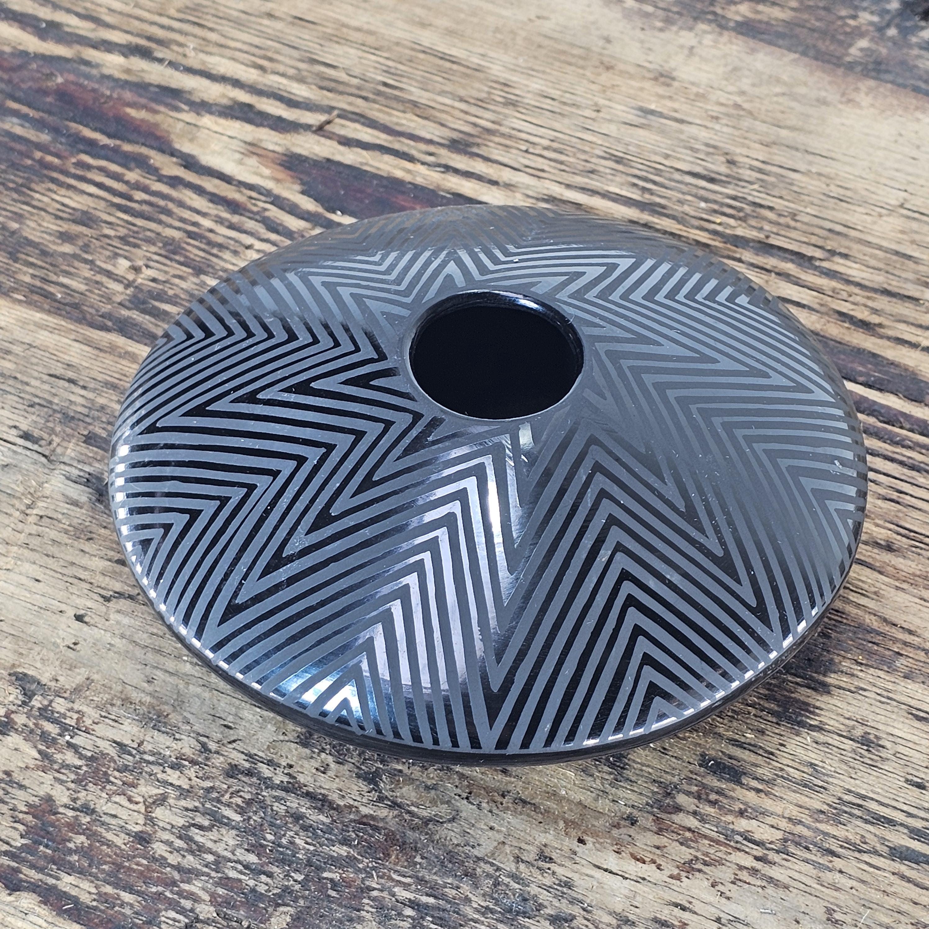 Mata Ortiz Geometric Black Pottery by Octavio Andrew 5"Diam x 2"H